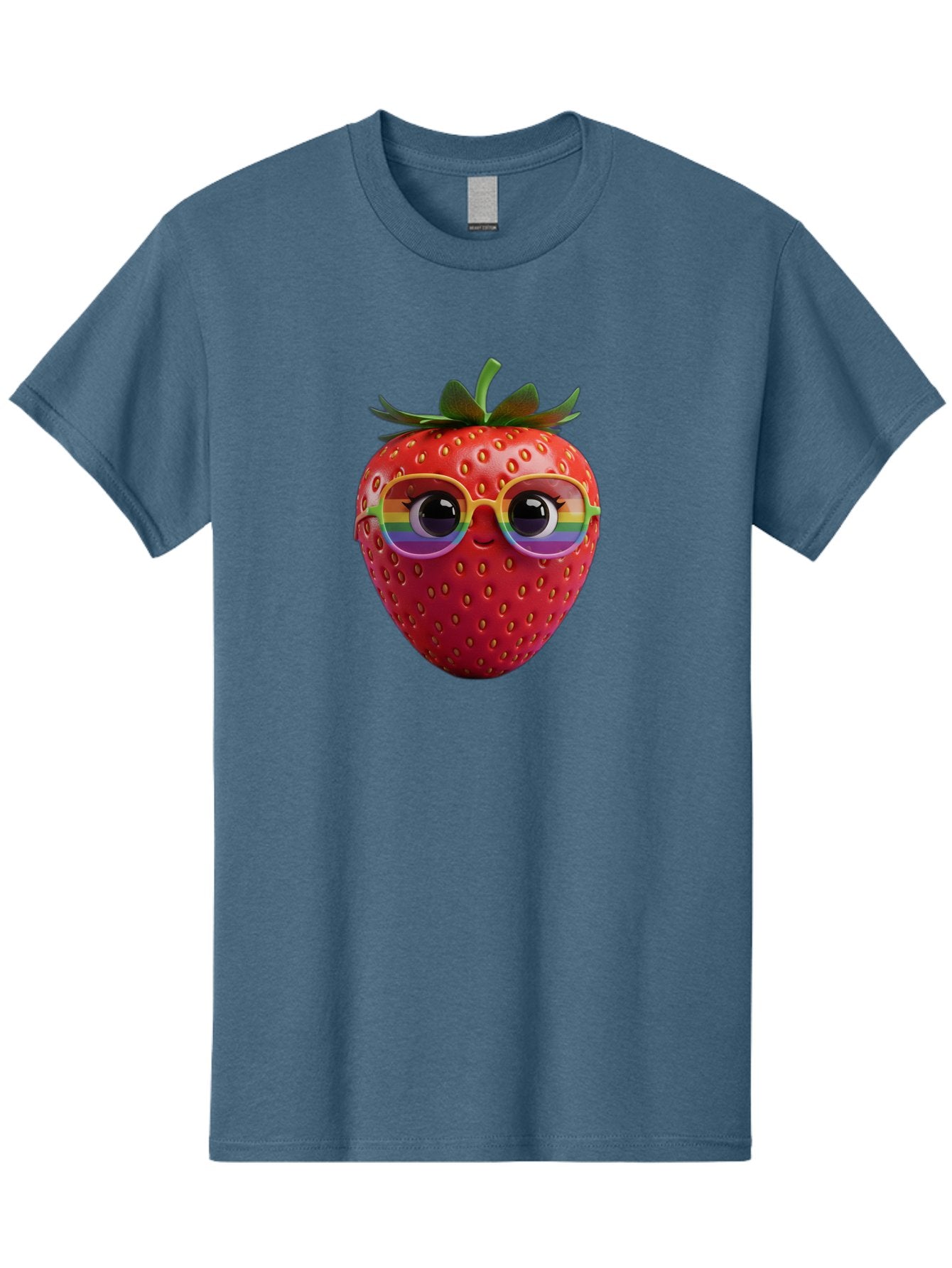 Rainbow-Strawberry Men'S Graphic Tee, 100% Cotton, Comfortable Casual Summer Wear, Machine Washable, Strawberry With Glasses, Rainbow Reflection, Cute Cartoon Character, Fun Fruit, Vibrant Colors, Playful Design, Summer Vibes, Sweet Treat, Bac360 9