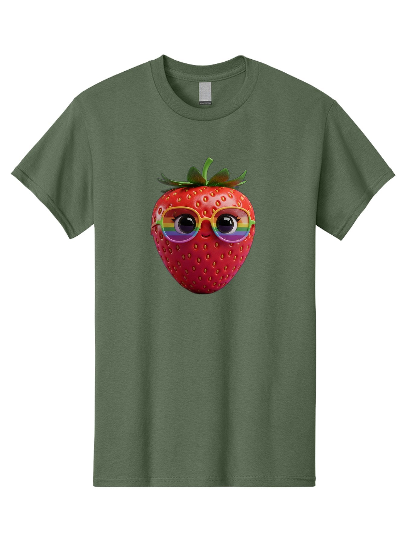 Rainbow-Strawberry Men'S Graphic Tee, 100% Cotton, Comfortable Casual Summer Wear, Machine Washable, Strawberry With Glasses, Rainbow Reflection, Cute Cartoon Character, Fun Fruit, Vibrant Colors, Playful Design, Summer Vibes, Sweet Treat, Bac360 5
