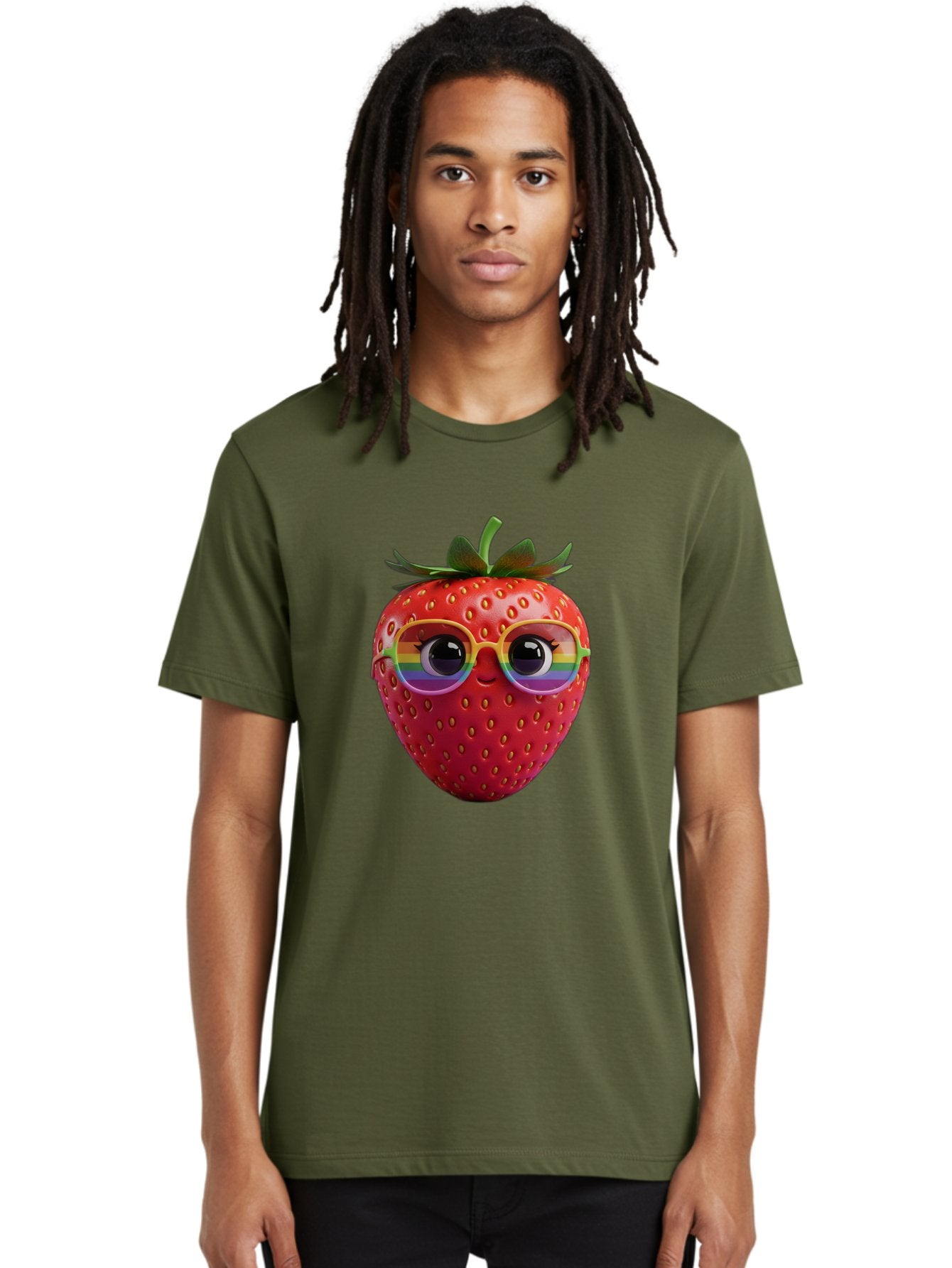 Rainbow-Strawberry Men'S Graphic Tee, 100% Cotton, Comfortable Casual Summer Wear, Machine Washable, Strawberry With Glasses, Rainbow Reflection, Cute Cartoon Character, Fun Fruit, Vibrant Colors, Playful Design, Summer Vibes, Sweet Treat, Bac360 23
