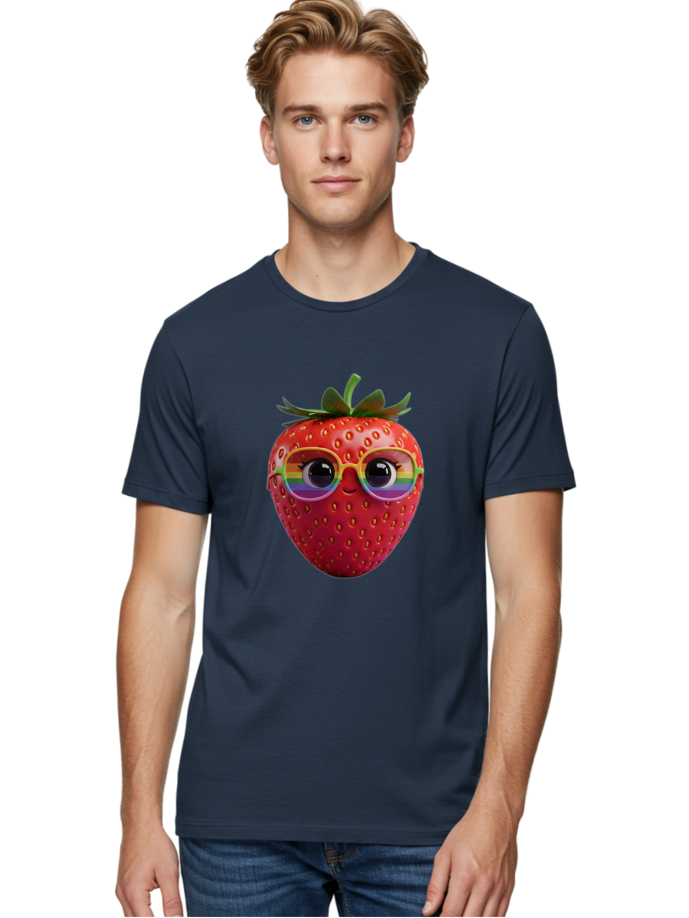 Rainbow-Strawberry Men'S Graphic Tee, 100% Cotton, Comfortable Casual Summer Wear, Machine Washable, Strawberry With Glasses, Rainbow Reflection, Cute Cartoon Character, Fun Fruit, Vibrant Colors, Playful Design, Summer Vibes, Sweet Treat, Bac360 19