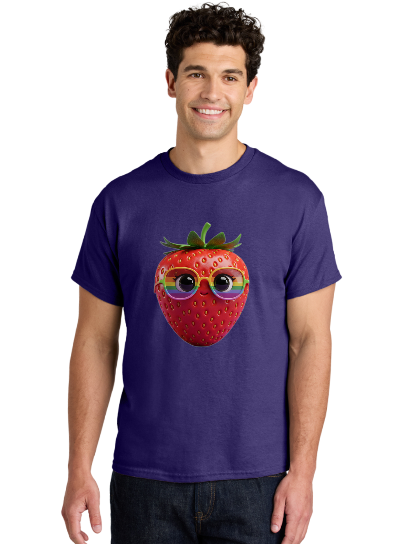 Rainbow-Strawberry Men'S Graphic Tee, 100% Cotton, Comfortable Casual Summer Wear, Machine Washable, Strawberry With Glasses, Rainbow Reflection, Cute Cartoon Character, Fun Fruit, Vibrant Colors, Playful Design, Summer Vibes, Sweet Treat, Bac360 27