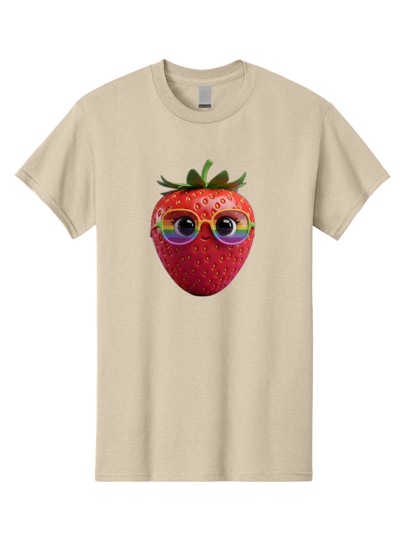 Rainbow-Strawberry Men'S Graphic Tee, 100% Cotton, Comfortable Casual Summer Wear, Machine Washable, Strawberry With Glasses, Rainbow Reflection, Cute Cartoon Character, Fun Fruit, Vibrant Colors, Playful Design, Summer Vibes, Sweet Treat, Bac360 6