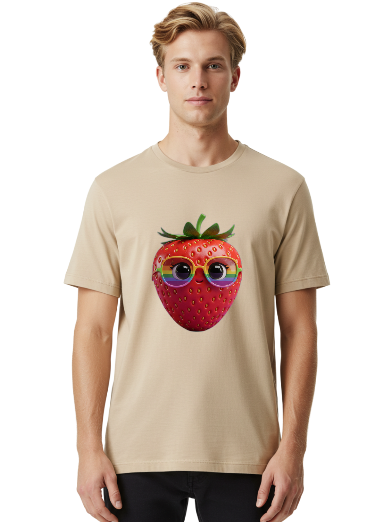 Rainbow-Strawberry Men'S Graphic Tee, 100% Cotton, Comfortable Casual Summer Wear, Machine Washable, Strawberry With Glasses, Rainbow Reflection, Cute Cartoon Character, Fun Fruit, Vibrant Colors, Playful Design, Summer Vibes, Sweet Treat, Bac360 22