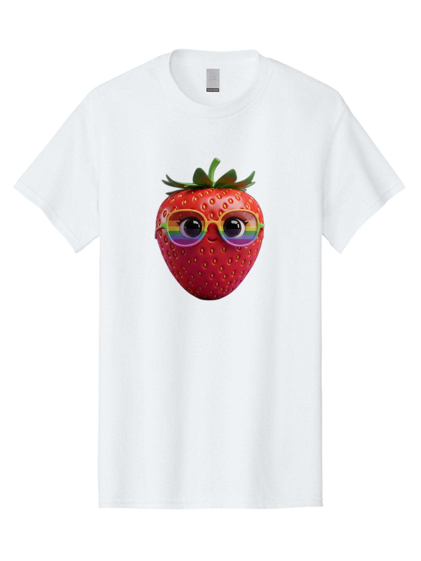 Rainbow-Strawberry Men'S Graphic Tee, 100% Cotton, Comfortable Casual Summer Wear, Machine Washable, Strawberry With Glasses, Rainbow Reflection, Cute Cartoon Character, Fun Fruit, Vibrant Colors, Playful Design, Summer Vibes, Sweet Treat, Bac360 15