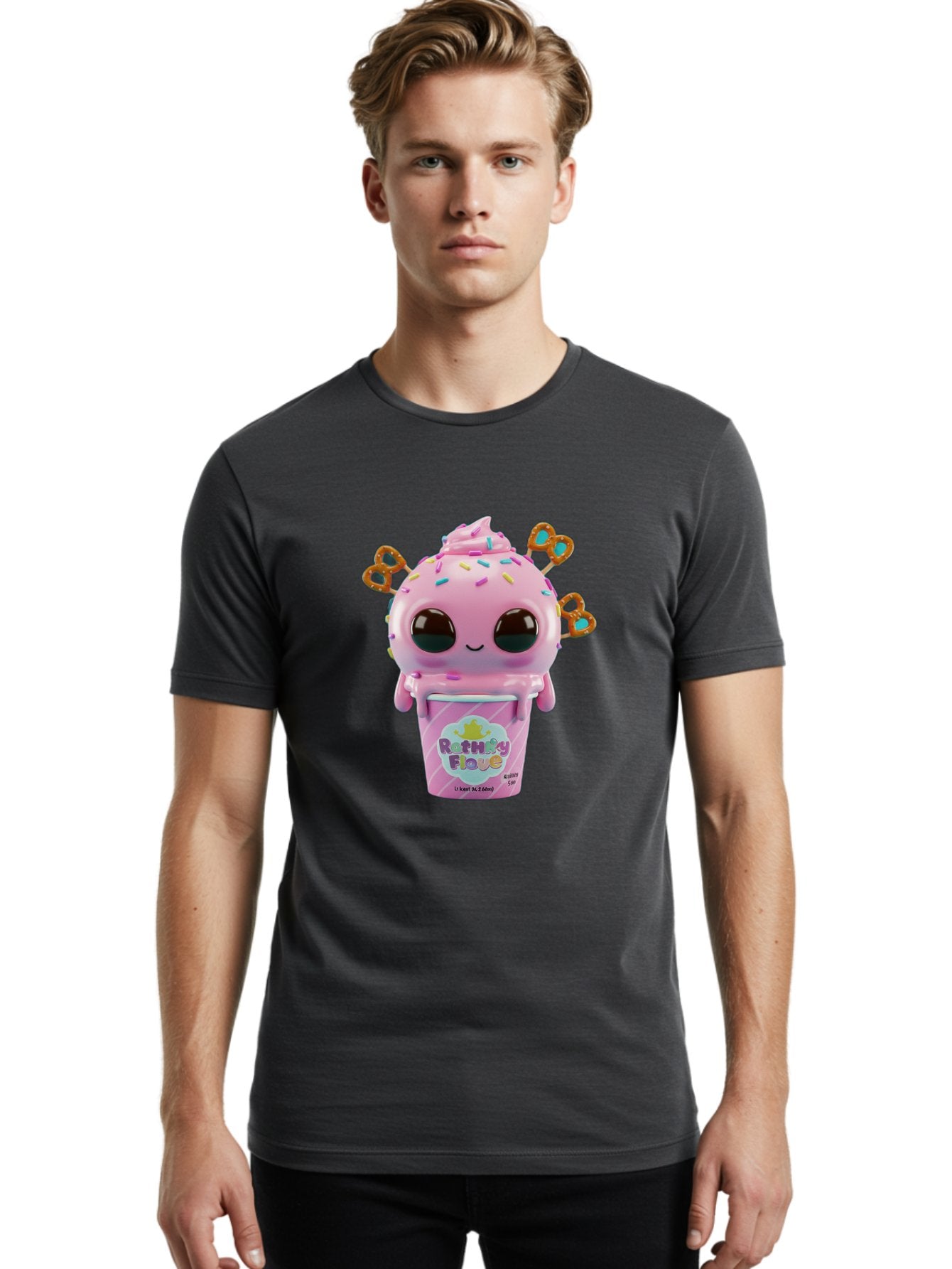 Rattley-Flave Men'S Graphic Tee, 100% Cotton, Comfortable Casual Summer Wear, Machine Washable, Pink Ice Cream, Cartoon Character, Sprinkles, Pretzel, Cute, Sweet Treat, Playful, Ruthy Flave, Colorful, Kawaii Bac361 30