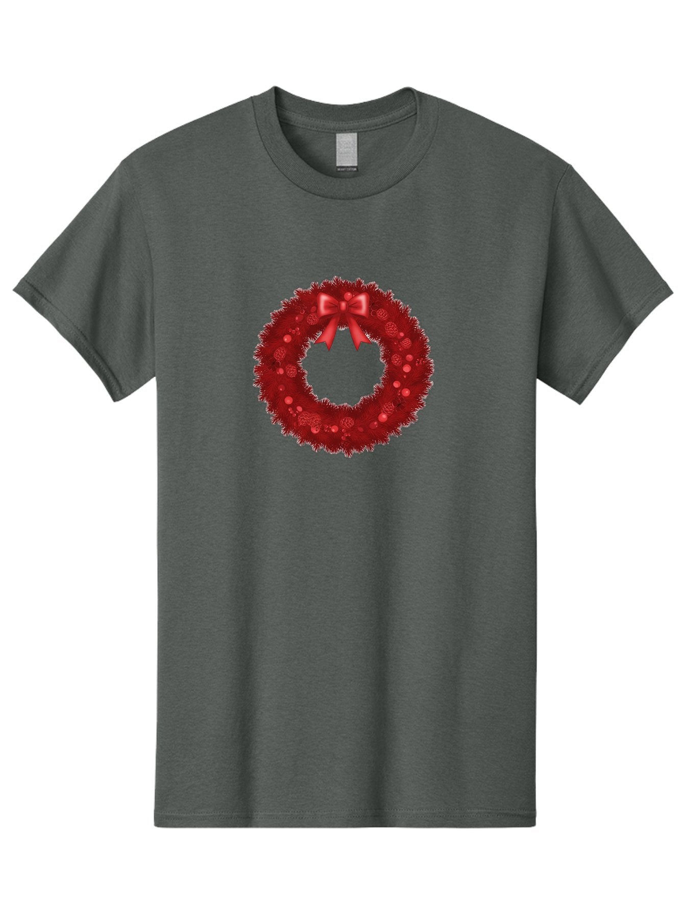 Red-Christmas-Wreath Men'S Graphic Tee, 100% Cotton, Comfortable Casual Summer Wear, Machine Washable, Christmas Wreath, Red Decorations, Festive Holiday Decor, Tinsel And Ornaments, Red Ribbon Bow, Pinecones, Seasonal Celebration, Bac362