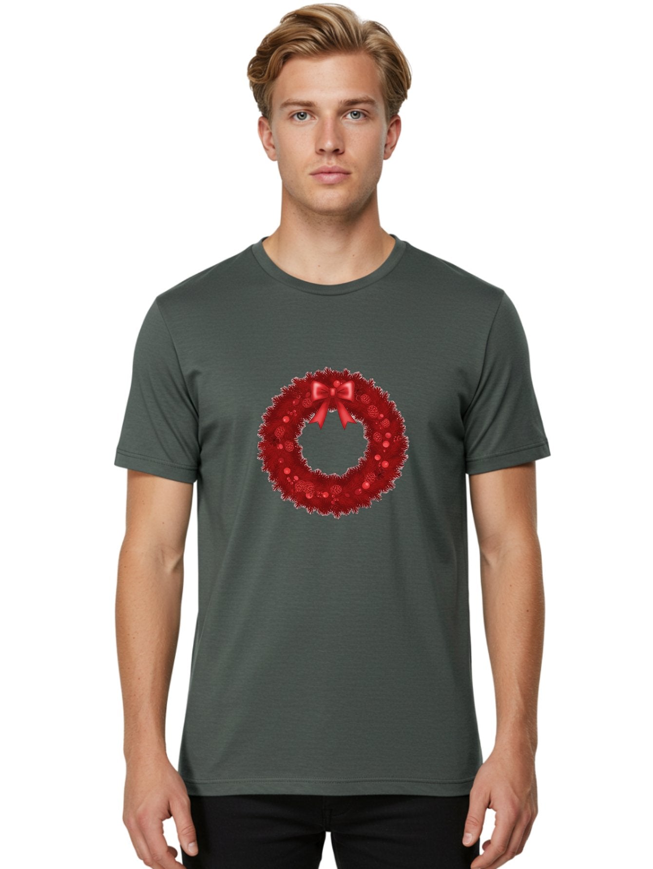 Red-Christmas-Wreath Men'S Graphic Tee, 100% Cotton, Comfortable Casual Summer Wear, Machine Washable, Christmas Wreath, Red Decorations, Festive Holiday Decor, Tinsel And Ornaments, Red Ribbon Bow, Pinecones, Seasonal Celebration, Bac362 19
