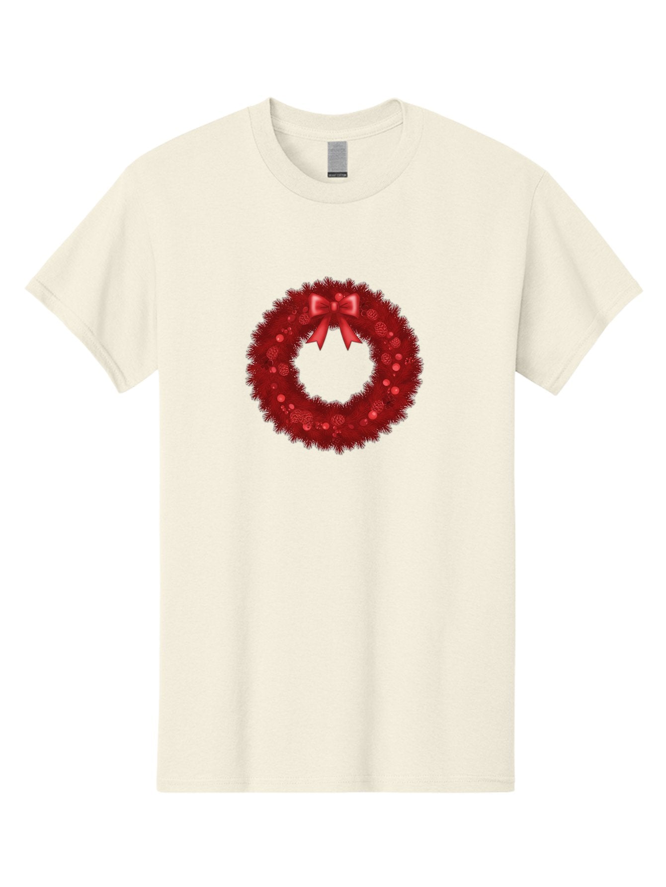 Red-Christmas-Wreath Men'S Graphic Tee, 100% Cotton, Comfortable Casual Summer Wear, Machine Washable, Christmas Wreath, Red Decorations, Festive Holiday Decor, Tinsel And Ornaments, Red Ribbon Bow, Pinecones, Seasonal Celebration, Bac362