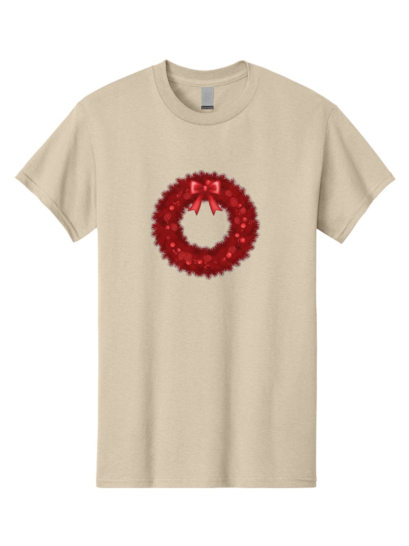 Red-Christmas-Wreath Men'S Graphic Tee, 100% Cotton, Comfortable Casual Summer Wear, Machine Washable, Christmas Wreath, Red Decorations, Festive Holiday Decor, Tinsel And Ornaments, Red Ribbon Bow, Pinecones, Seasonal Celebration, Bac362 10