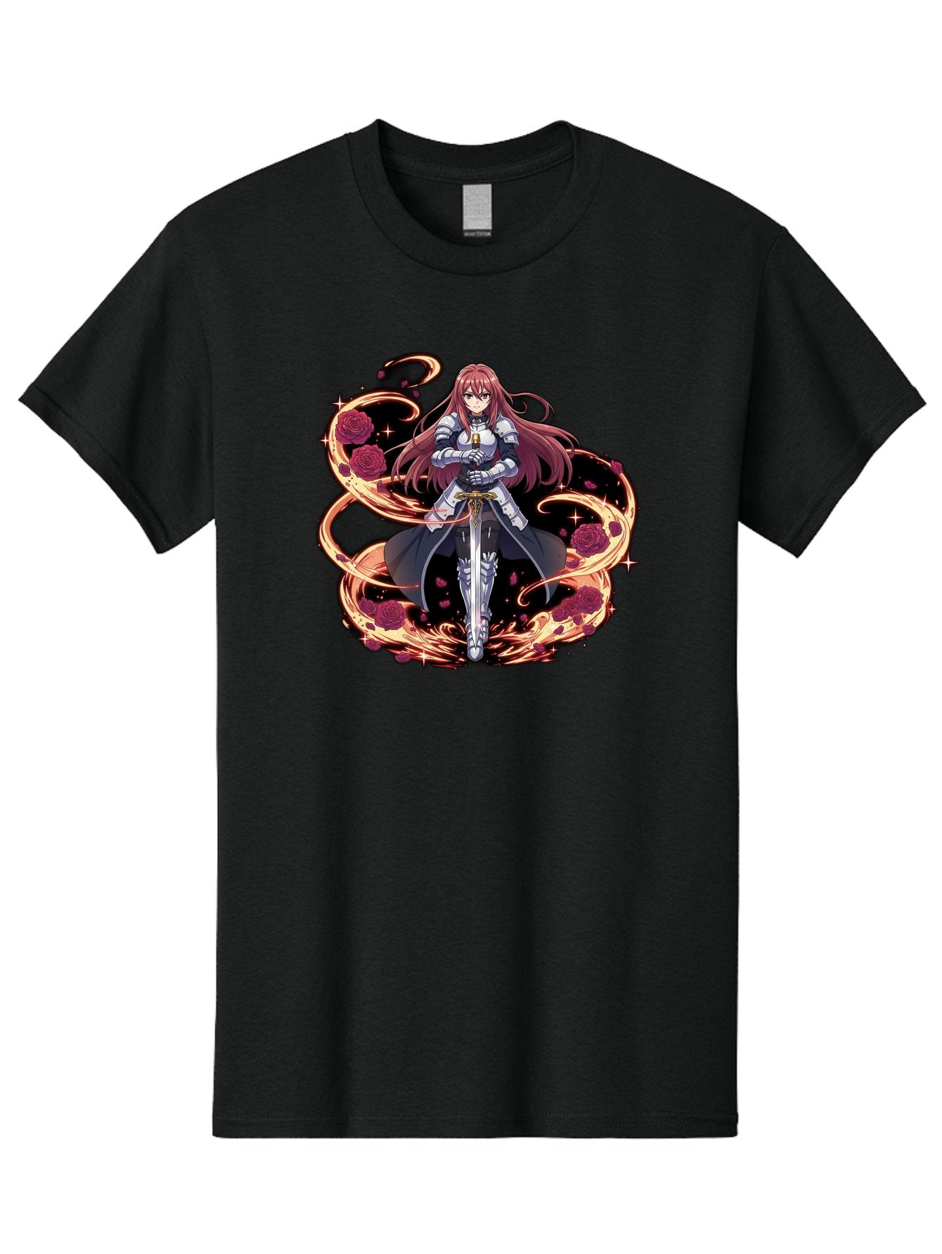 Red-Haired-Knight Men'S Graphic Tee, 100% Cotton, Comfortable Casual Summer Wear, Machine Washable, Female Knight, Long Red Hair, Silver Armor, Sword, Roses, Golden Swirls, Fantasy Art, Anime Style, Dark Roses, Medieval Warrior, Bac363 6