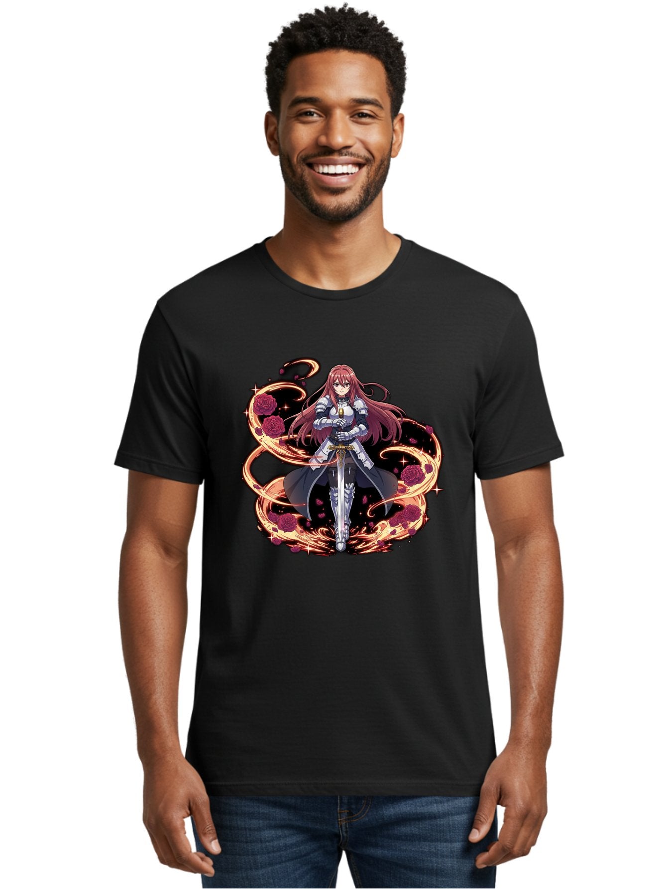 Red-Haired-Knight Men'S Graphic Tee, 100% Cotton, Comfortable Casual Summer Wear, Machine Washable, Female Knight, Long Red Hair, Silver Armor, Sword, Roses, Golden Swirls, Fantasy Art, Anime Style, Dark Roses, Medieval Warrior, Bac363 24