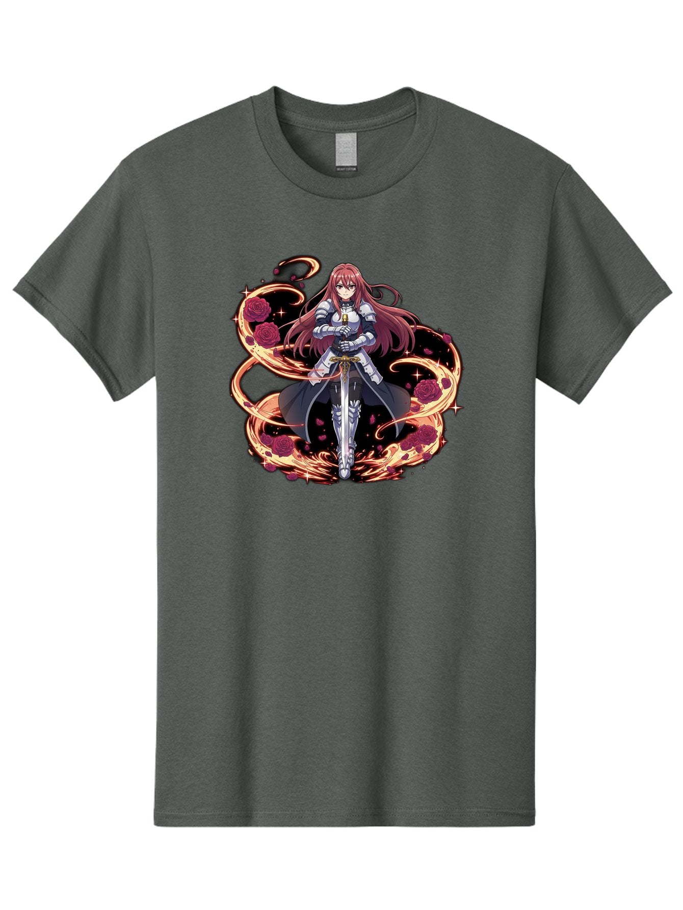 Red-Haired-Knight Men'S Graphic Tee, 100% Cotton, Comfortable Casual Summer Wear, Machine Washable, Female Knight, Long Red Hair, Silver Armor, Sword, Roses, Golden Swirls, Fantasy Art, Anime Style, Dark Roses, Medieval Warrior, Bac363 3