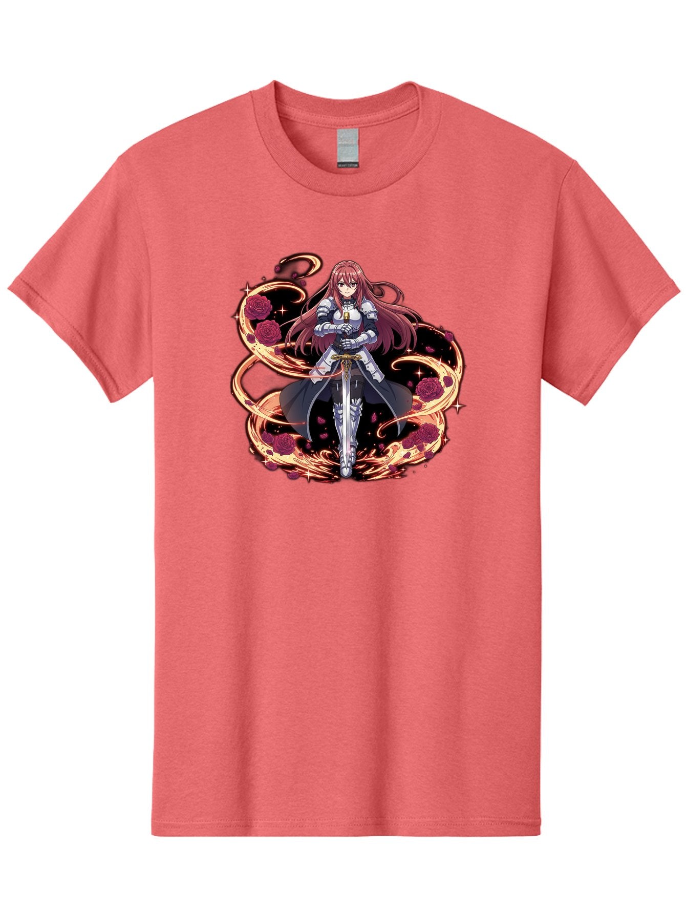 Red-Haired-Knight Men'S Graphic Tee, 100% Cotton, Comfortable Casual Summer Wear, Machine Washable, Female Knight, Long Red Hair, Silver Armor, Sword, Roses, Golden Swirls, Fantasy Art, Anime Style, Dark Roses, Medieval Warrior, Bac363 5