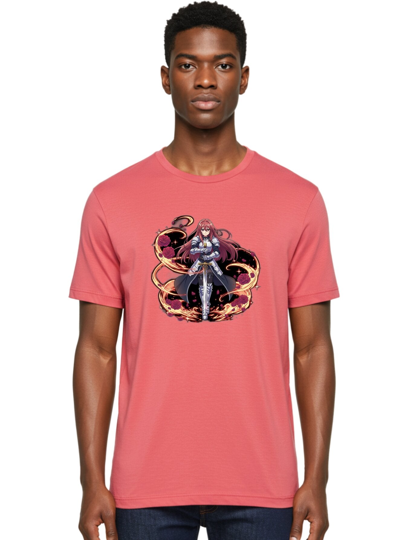 Red-Haired-Knight Men'S Graphic Tee, 100% Cotton, Comfortable Casual Summer Wear, Machine Washable, Female Knight, Long Red Hair, Silver Armor, Sword, Roses, Golden Swirls, Fantasy Art, Anime Style, Dark Roses, Medieval Warrior, Bac363 23