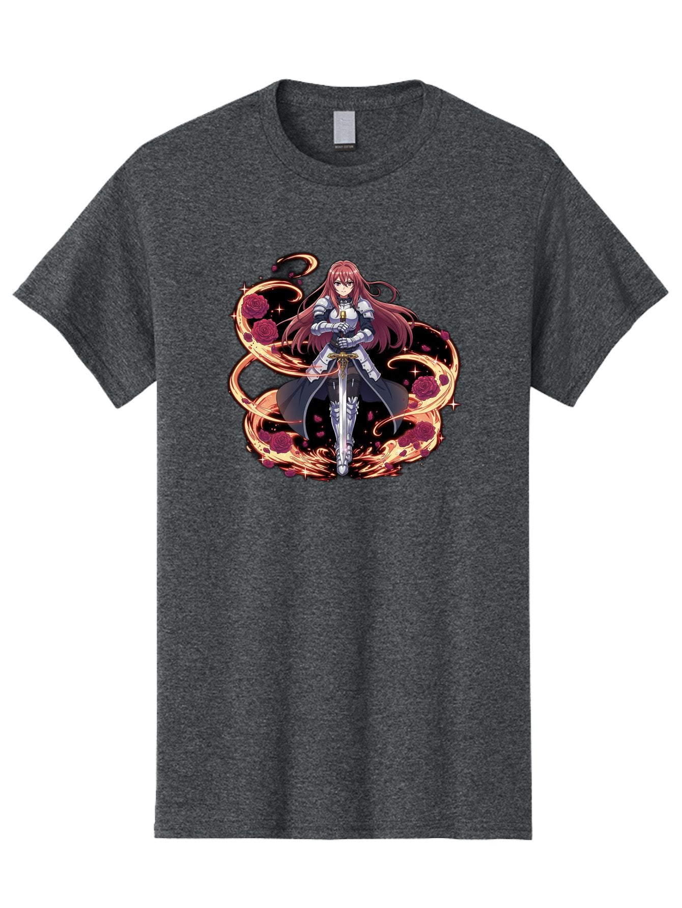 Red-Haired-Knight Men'S Graphic Tee, 100% Cotton, Comfortable Casual Summer Wear, Machine Washable, Female Knight, Long Red Hair, Silver Armor, Sword, Roses, Golden Swirls, Fantasy Art, Anime Style, Dark Roses, Medieval Warrior, Bac363 12