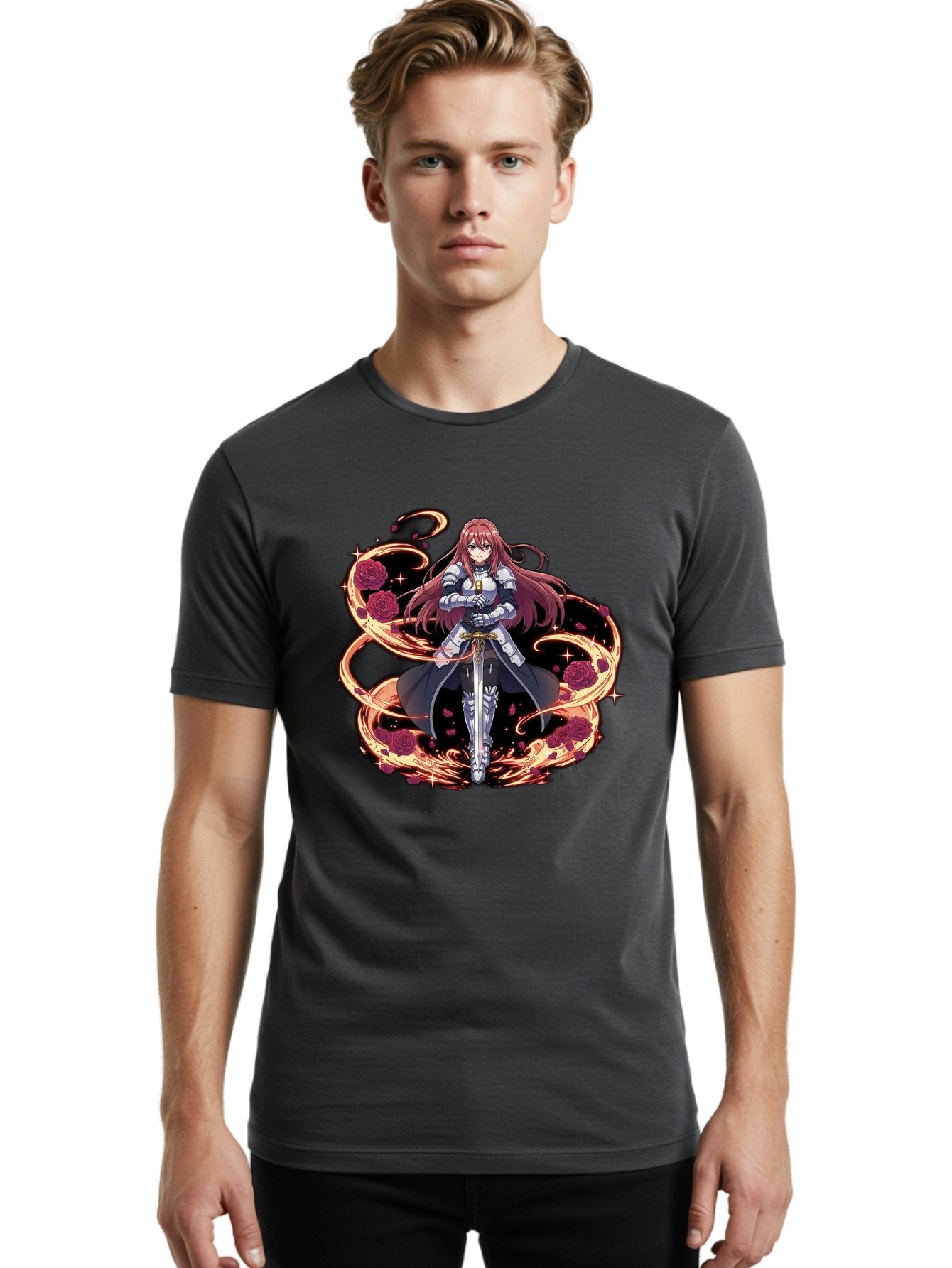 Red-Haired-Knight Men'S Graphic Tee, 100% Cotton, Comfortable Casual Summer Wear, Machine Washable, Female Knight, Long Red Hair, Silver Armor, Sword, Roses, Golden Swirls, Fantasy Art, Anime Style, Dark Roses, Medieval Warrior, Bac363 28