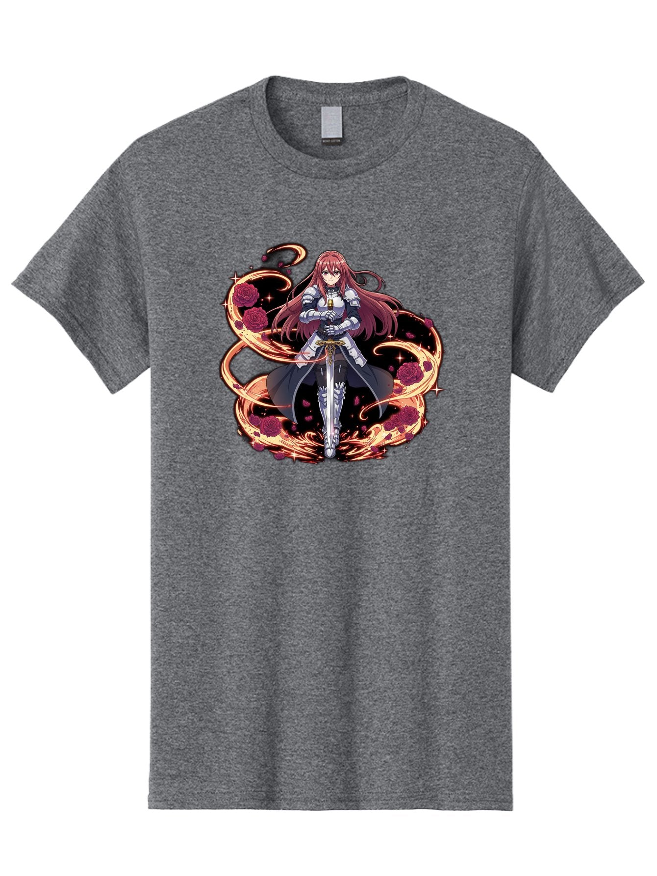 Red-Haired-Knight Men'S Graphic Tee, 100% Cotton, Comfortable Casual Summer Wear, Machine Washable, Female Knight, Long Red Hair, Silver Armor, Sword, Roses, Golden Swirls, Fantasy Art, Anime Style, Dark Roses, Medieval Warrior, Bac363 8