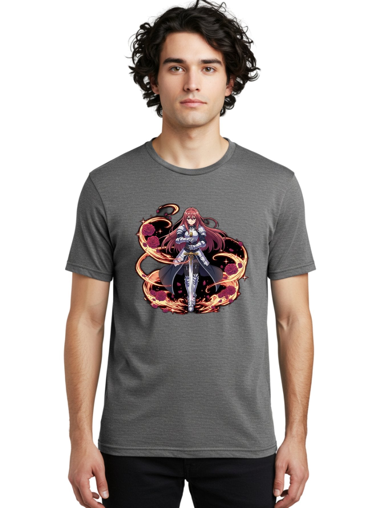 Red-Haired-Knight Men'S Graphic Tee, 100% Cotton, Comfortable Casual Summer Wear, Machine Washable, Female Knight, Long Red Hair, Silver Armor, Sword, Roses, Golden Swirls, Fantasy Art, Anime Style, Dark Roses, Medieval Warrior, Bac363 25