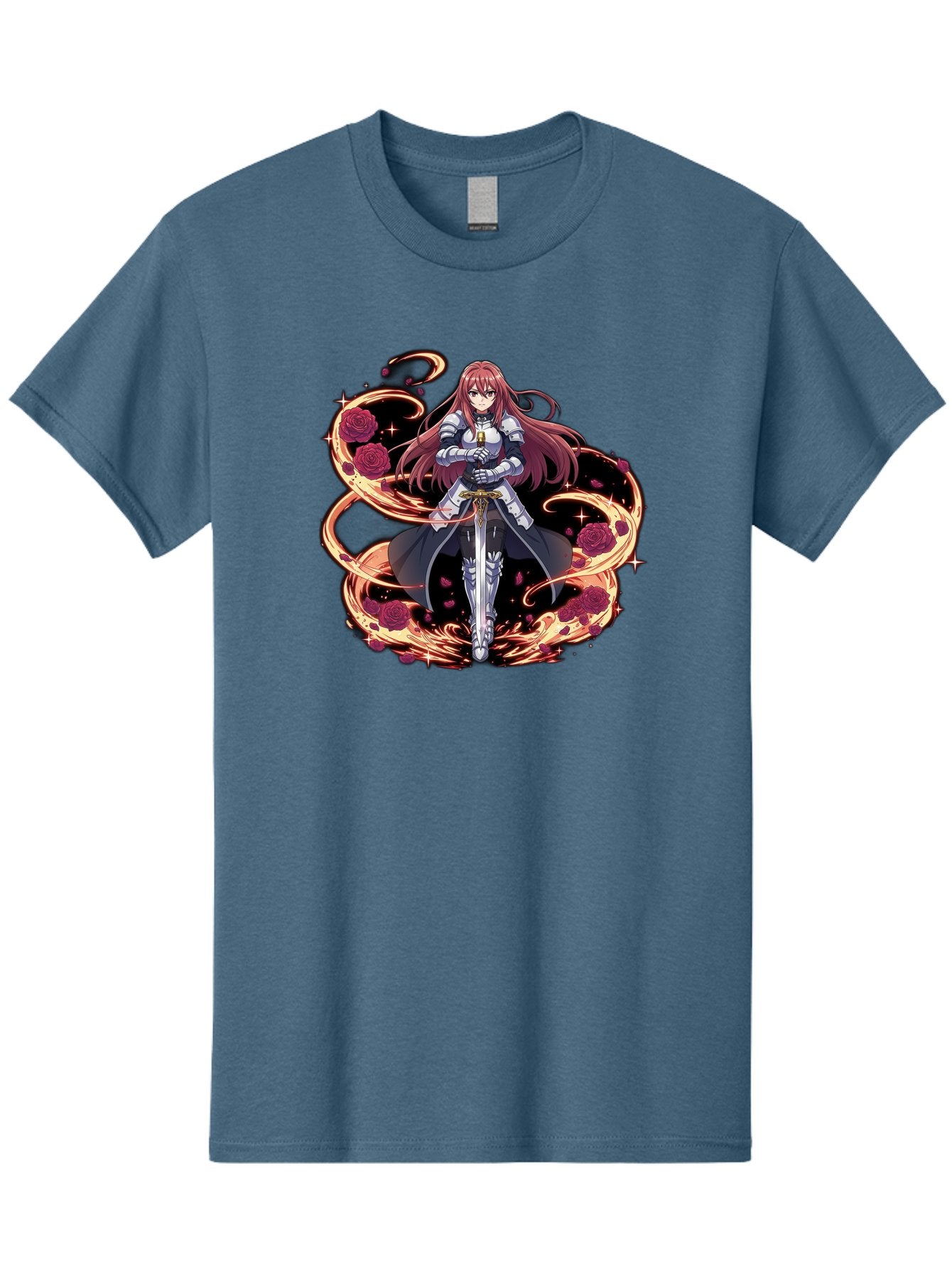 Red-Haired-Knight Men'S Graphic Tee, 100% Cotton, Comfortable Casual Summer Wear, Machine Washable, Female Knight, Long Red Hair, Silver Armor, Sword, Roses, Golden Swirls, Fantasy Art, Anime Style, Dark Roses, Medieval Warrior, Bac363 4
