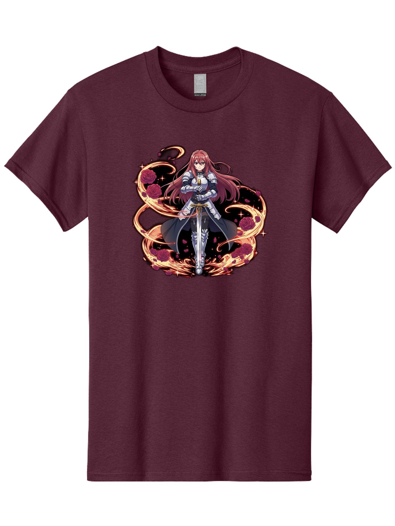 Red-Haired-Knight Men'S Graphic Tee, 100% Cotton, Comfortable Casual Summer Wear, Machine Washable, Female Knight, Long Red Hair, Silver Armor, Sword, Roses, Golden Swirls, Fantasy Art, Anime Style, Dark Roses, Medieval Warrior, Bac363 10