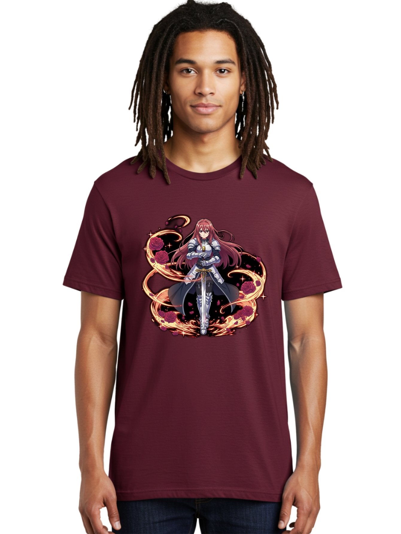 Red-Haired-Knight Men'S Graphic Tee, 100% Cotton, Comfortable Casual Summer Wear, Machine Washable, Female Knight, Long Red Hair, Silver Armor, Sword, Roses, Golden Swirls, Fantasy Art, Anime Style, Dark Roses, Medieval Warrior, Bac363 17