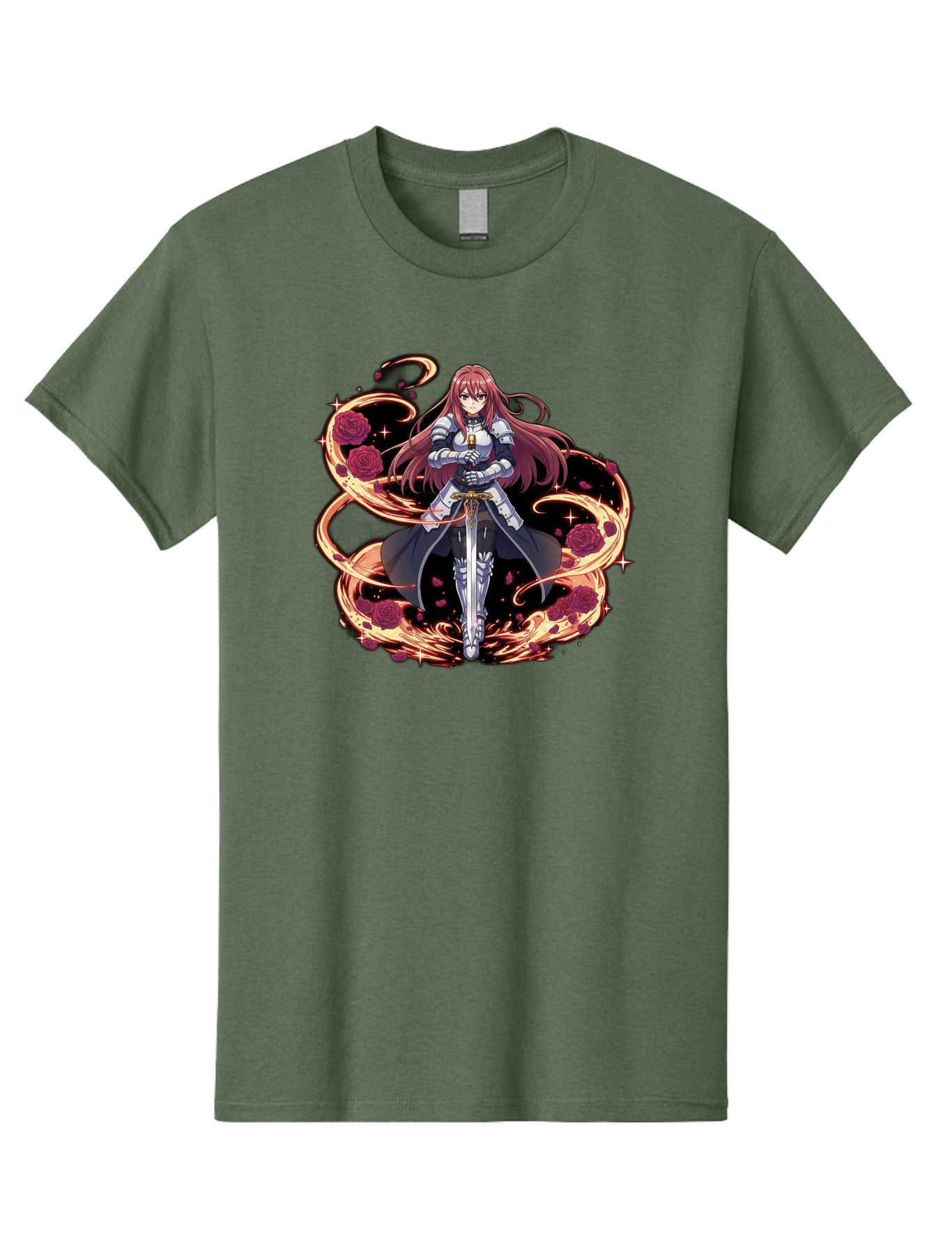 Red-Haired-Knight Men'S Graphic Tee, 100% Cotton, Comfortable Casual Summer Wear, Machine Washable, Female Knight, Long Red Hair, Silver Armor, Sword, Roses, Golden Swirls, Fantasy Art, Anime Style, Dark Roses, Medieval Warrior, Bac363 14