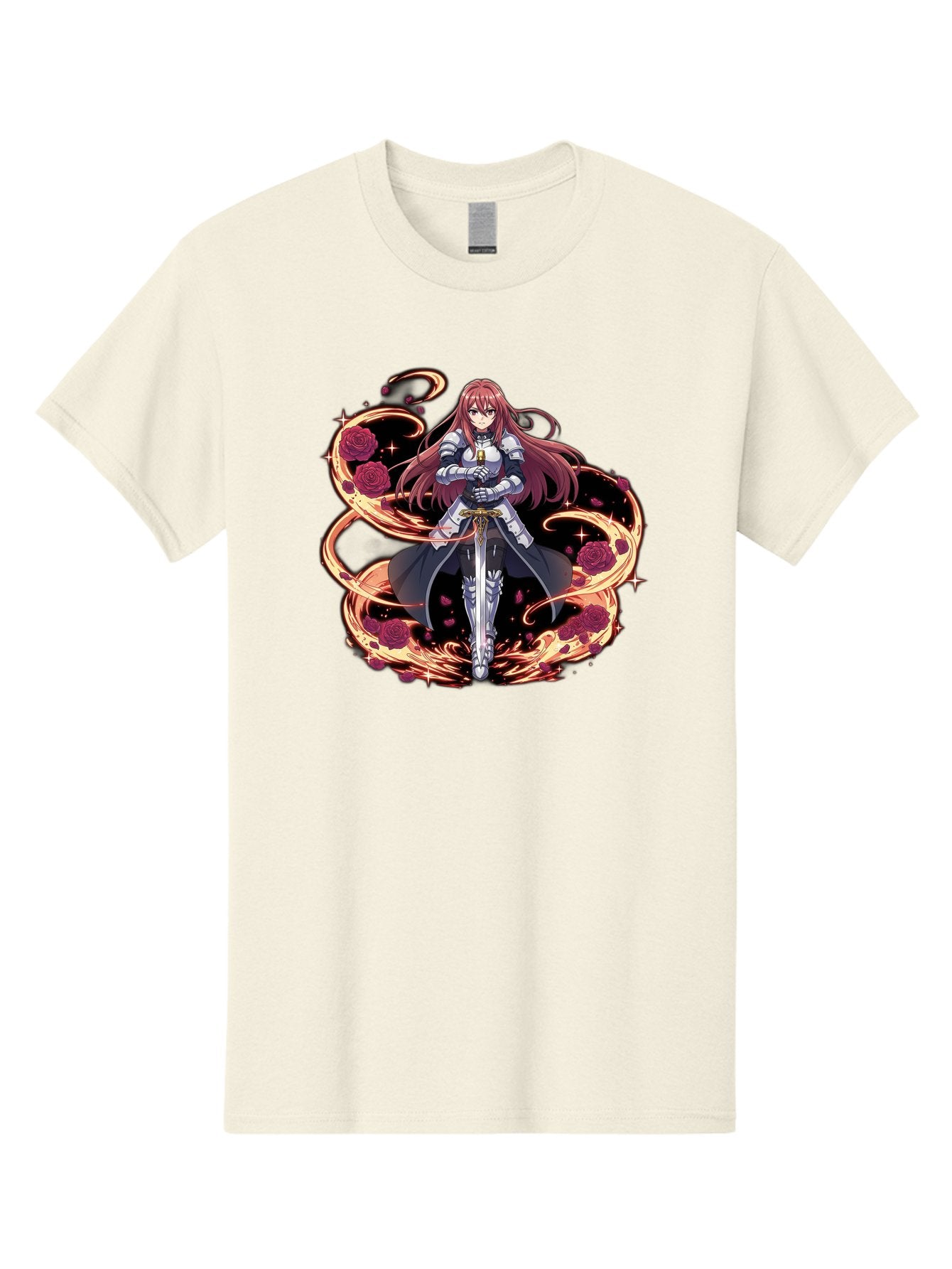 Red-Haired-Knight Men'S Graphic Tee, 100% Cotton, Comfortable Casual Summer Wear, Machine Washable, Female Knight, Long Red Hair, Silver Armor, Sword, Roses, Golden Swirls, Fantasy Art, Anime Style, Dark Roses, Medieval Warrior, Bac363
