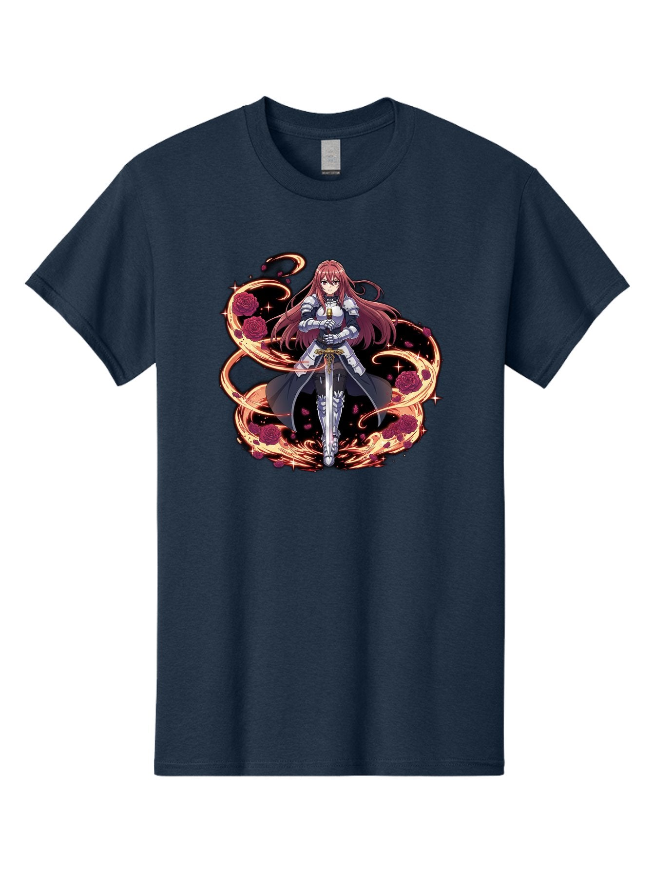 Red-Haired-Knight Men'S Graphic Tee, 100% Cotton, Comfortable Casual Summer Wear, Machine Washable, Female Knight, Long Red Hair, Silver Armor, Sword, Roses, Golden Swirls, Fantasy Art, Anime Style, Dark Roses, Medieval Warrior, Bac363 9