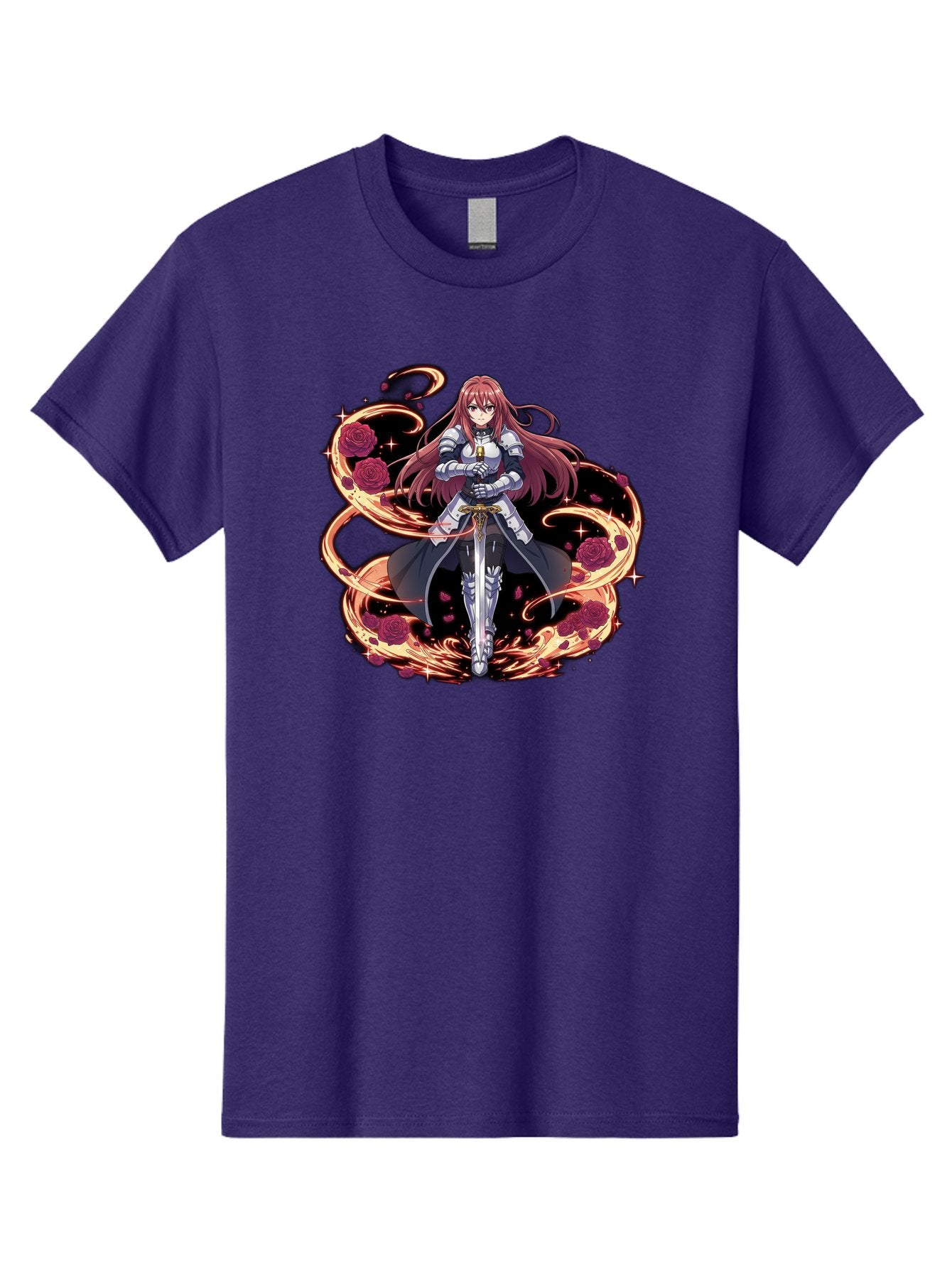 Red-Haired-Knight Men'S Graphic Tee, 100% Cotton, Comfortable Casual Summer Wear, Machine Washable, Female Knight, Long Red Hair, Silver Armor, Sword, Roses, Golden Swirls, Fantasy Art, Anime Style, Dark Roses, Medieval Warrior, Bac363