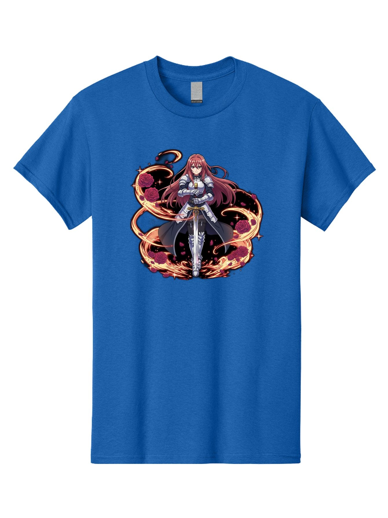 Red-Haired-Knight Men'S Graphic Tee, 100% Cotton, Comfortable Casual Summer Wear, Machine Washable, Female Knight, Long Red Hair, Silver Armor, Sword, Roses, Golden Swirls, Fantasy Art, Anime Style, Dark Roses, Medieval Warrior, Bac363 15