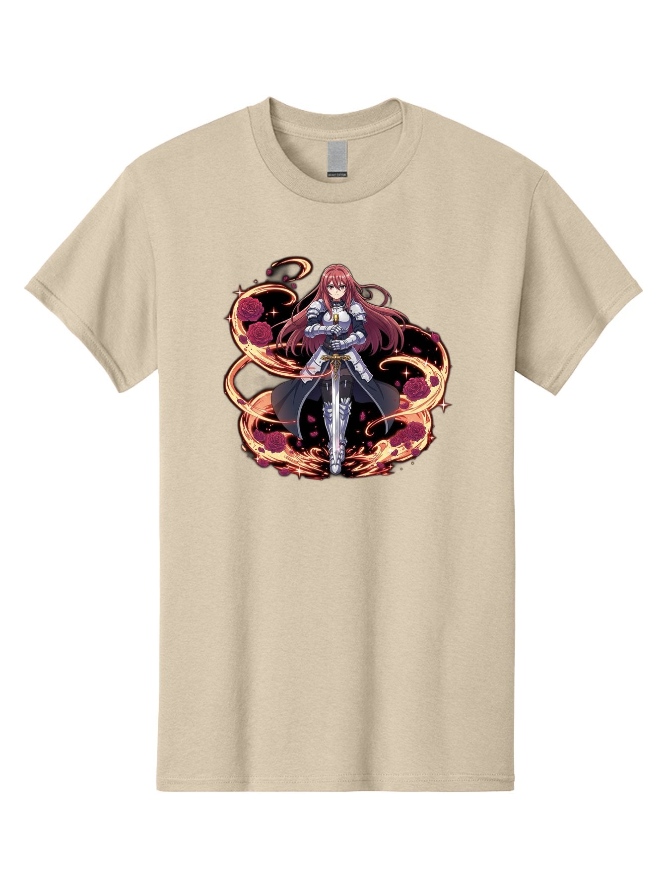 Red-Haired-Knight Men'S Graphic Tee, 100% Cotton, Comfortable Casual Summer Wear, Machine Washable, Female Knight, Long Red Hair, Silver Armor, Sword, Roses, Golden Swirls, Fantasy Art, Anime Style, Dark Roses, Medieval Warrior, Bac363 11