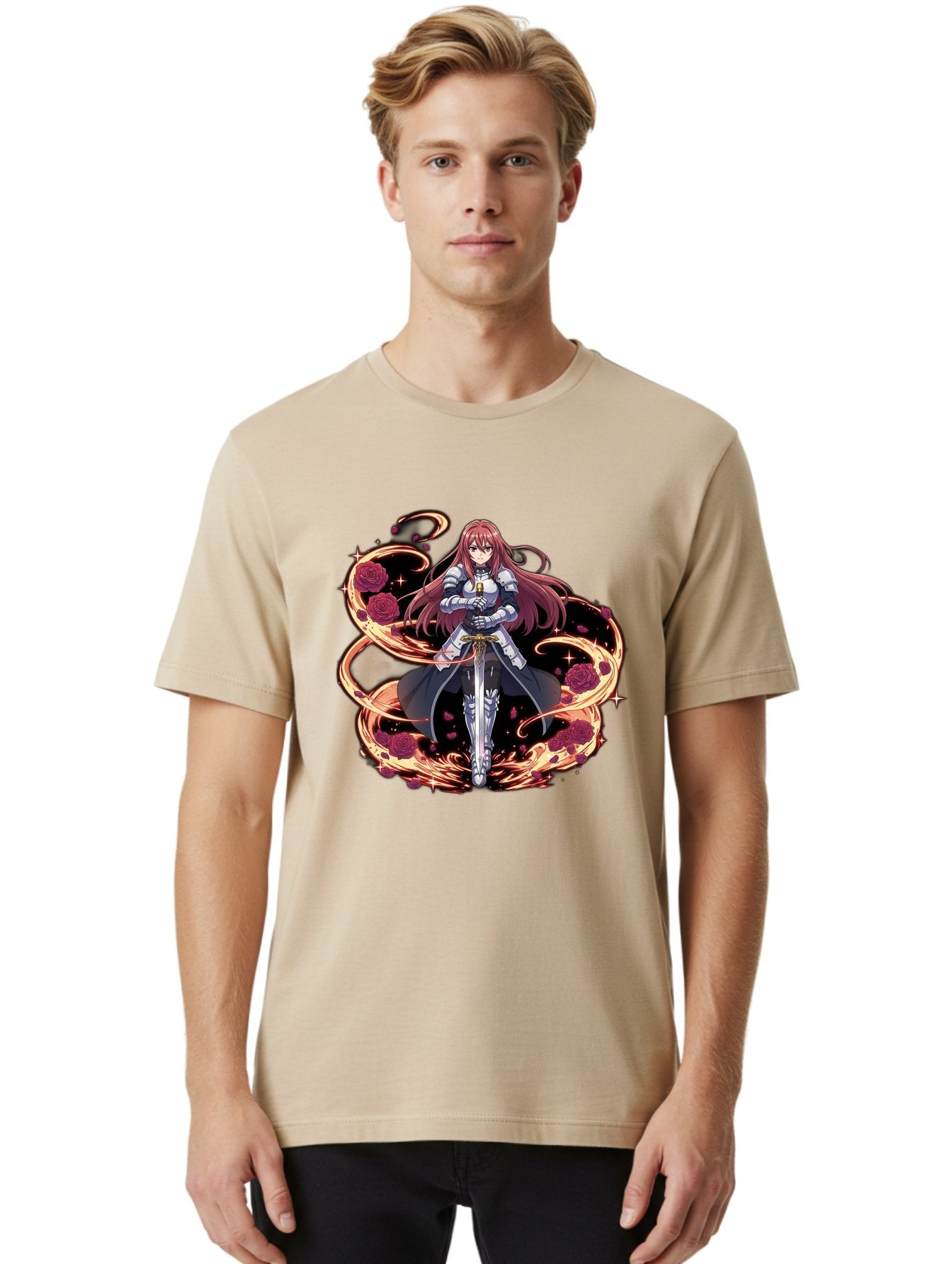 Red-Haired-Knight Men'S Graphic Tee, 100% Cotton, Comfortable Casual Summer Wear, Machine Washable, Female Knight, Long Red Hair, Silver Armor, Sword, Roses, Golden Swirls, Fantasy Art, Anime Style, Dark Roses, Medieval Warrior, Bac363 27
