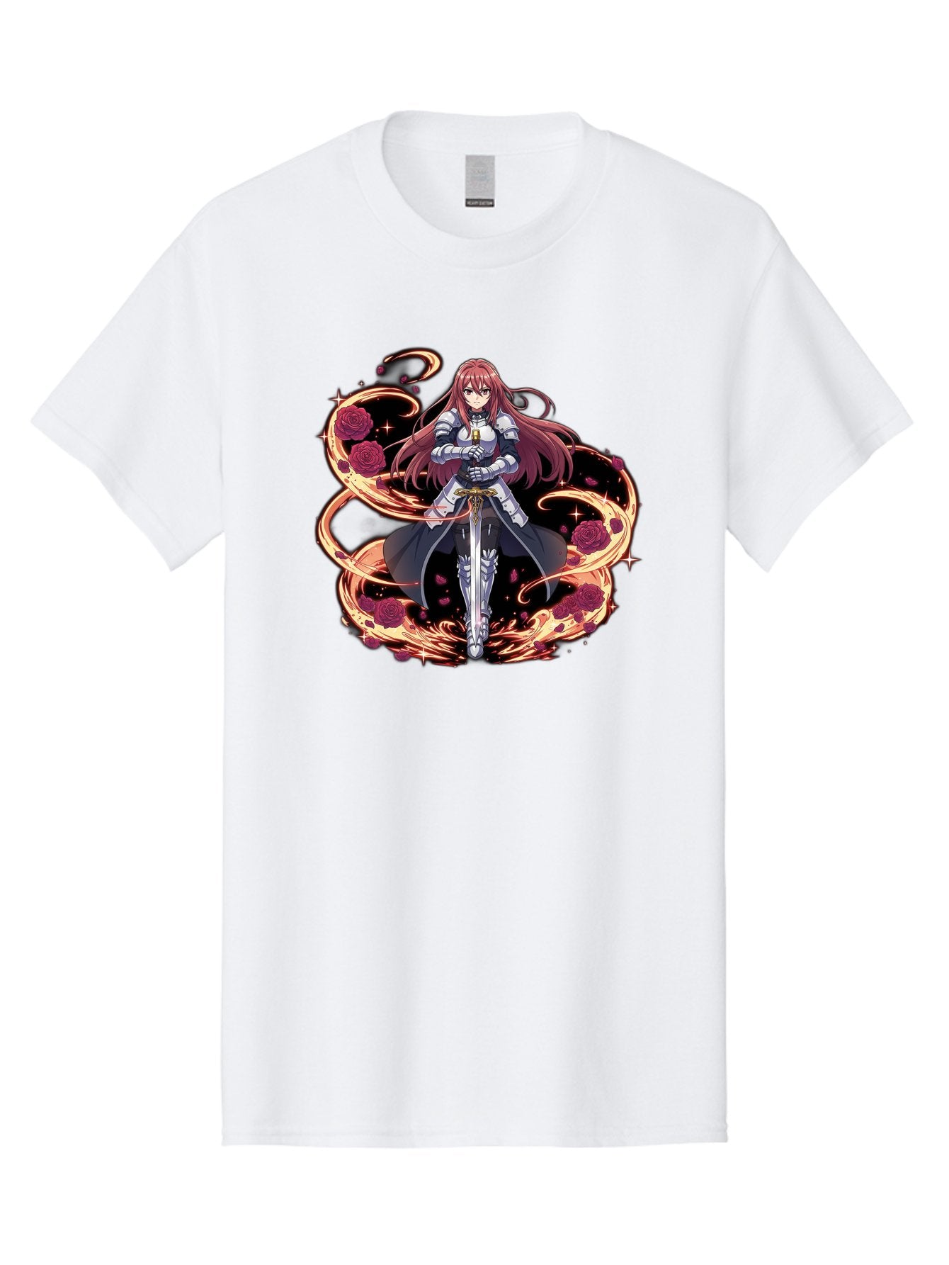 Red-Haired-Knight Men'S Graphic Tee, 100% Cotton, Comfortable Casual Summer Wear, Machine Washable, Female Knight, Long Red Hair, Silver Armor, Sword, Roses, Golden Swirls, Fantasy Art, Anime Style, Dark Roses, Medieval Warrior, Bac363 13