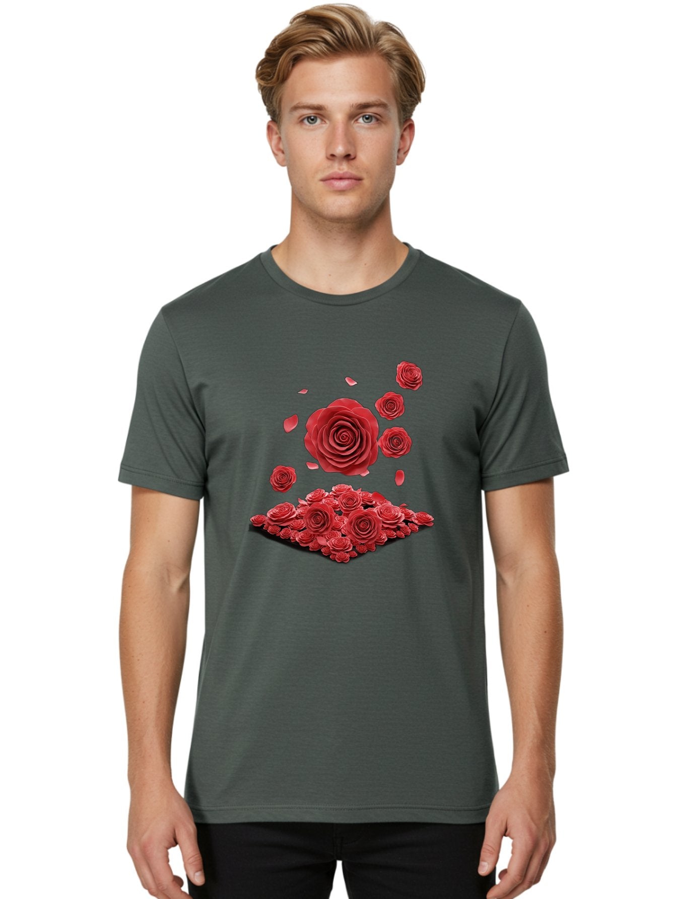 Red-Roses-1 Men'S Graphic Tee, 100% Cotton, Comfortable Casual Summer Wear, Machine Washable, Red Roses, Falling Flowers, Floral Arrangement, Rose Petals, Romantic Gesture, Love Symbol, Beautiful Blooms, Flower Power Bac365 24