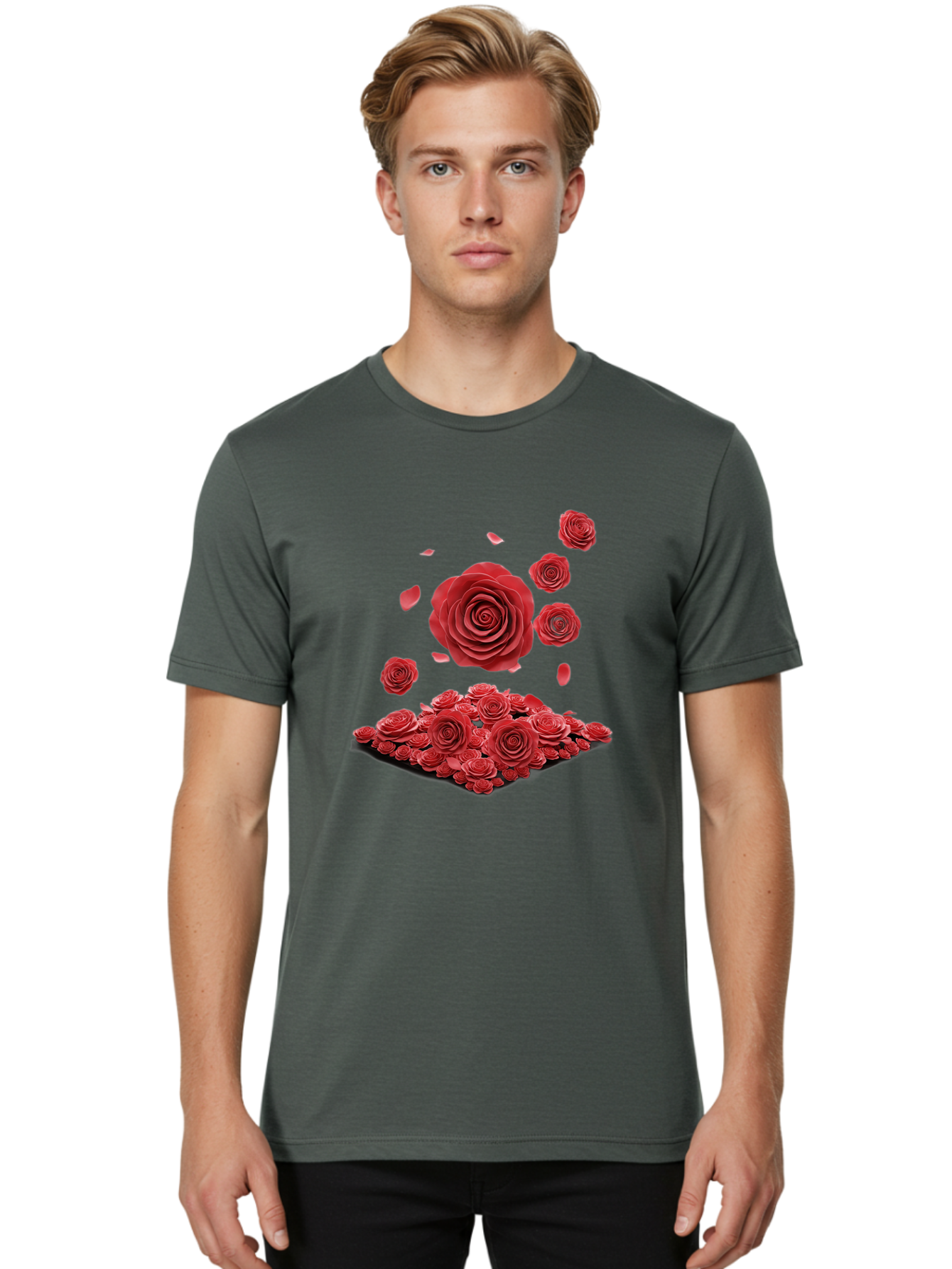 Red-Roses-1 Men'S Graphic Tee, 100% Cotton, Comfortable Casual Summer Wear, Machine Washable, Red Roses, Falling Flowers, Floral Arrangement, Rose Petals, Romantic Gesture, Love Symbol, Beautiful Blooms, Flower Power Bac365 22