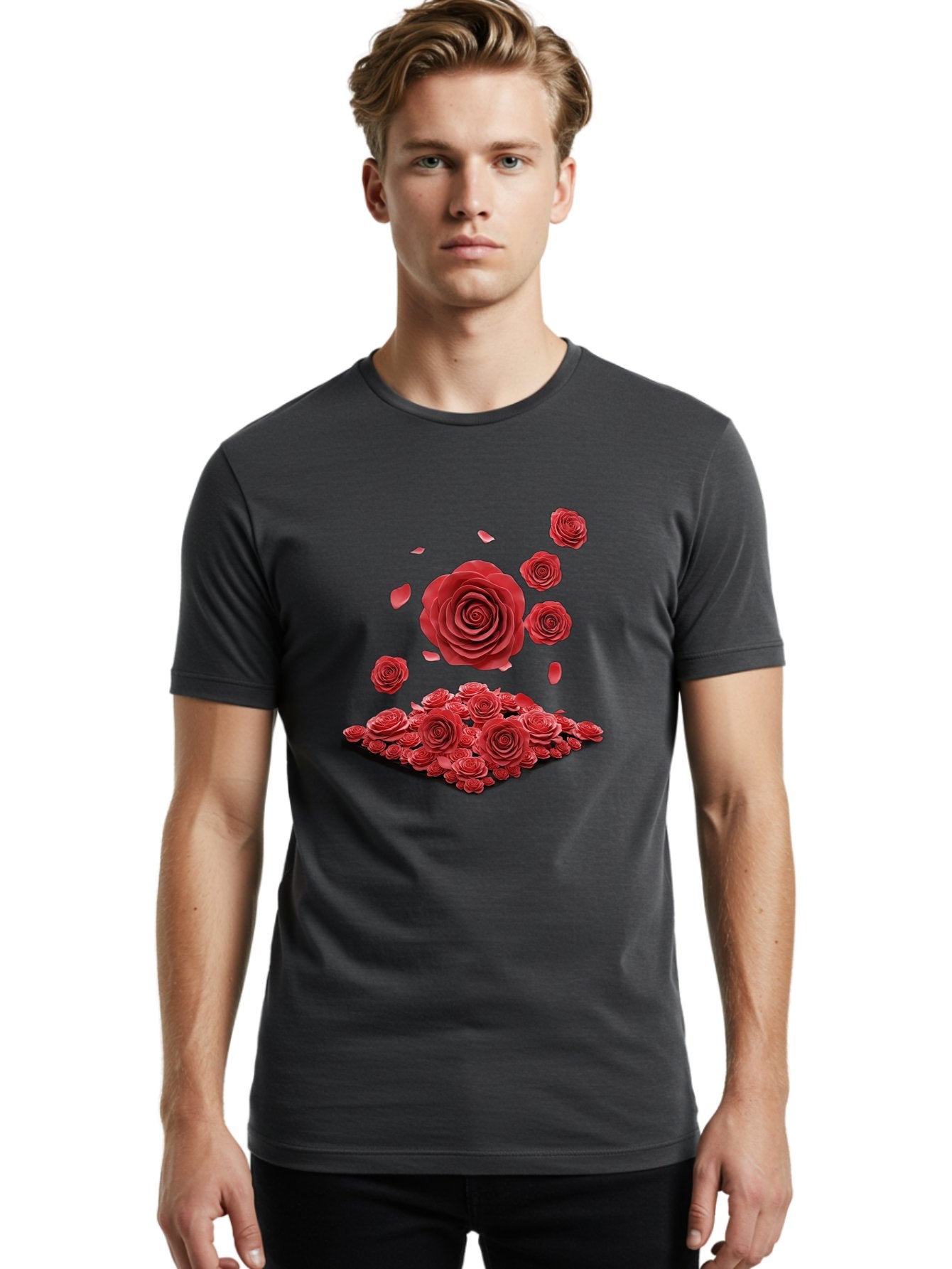 Red-Roses-1 Men'S Graphic Tee, 100% Cotton, Comfortable Casual Summer Wear, Machine Washable, Red Roses, Falling Flowers, Floral Arrangement, Rose Petals, Romantic Gesture, Love Symbol, Beautiful Blooms, Flower Power Bac365 29