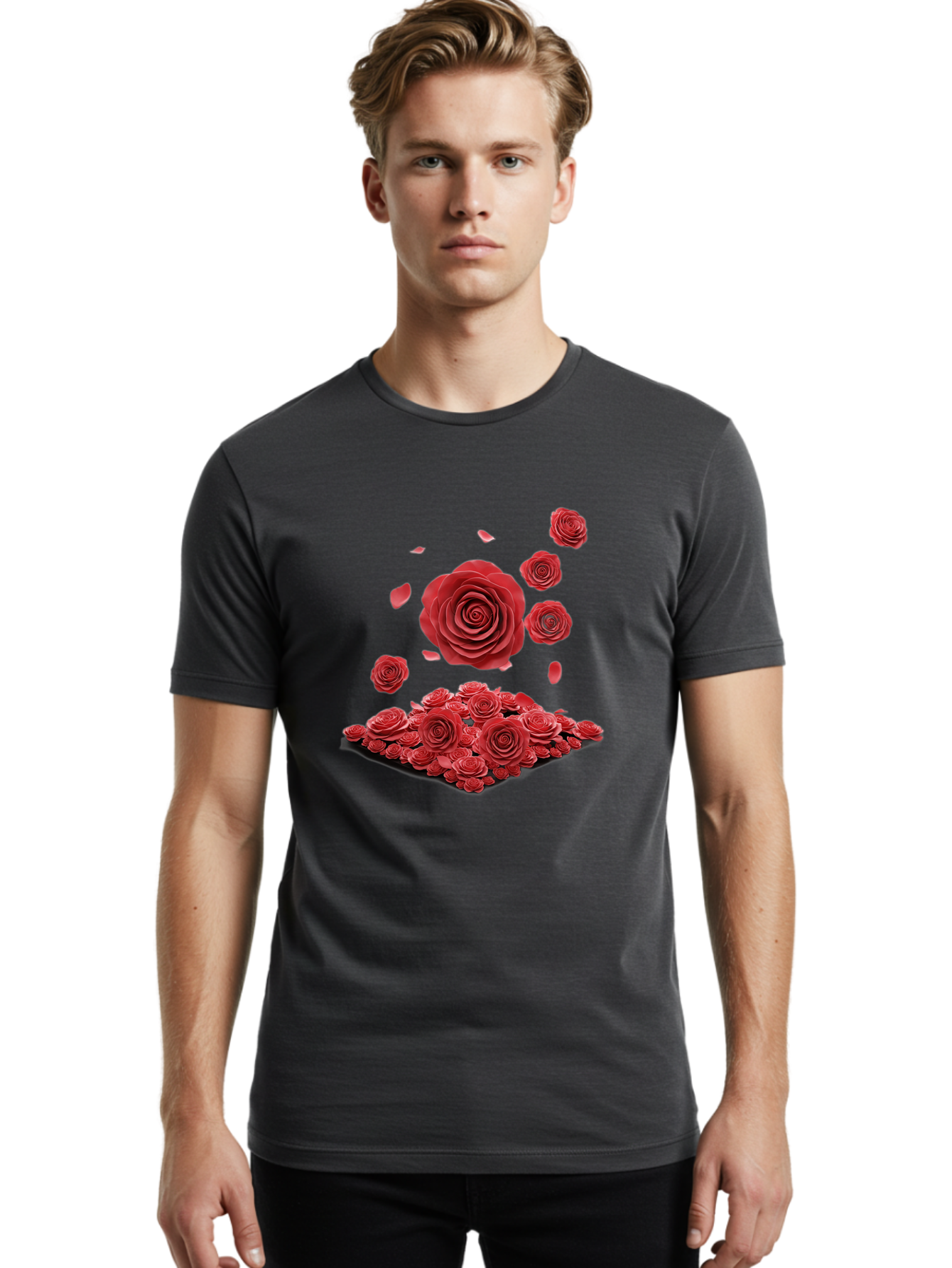 Red-Roses-1 Men'S Graphic Tee, 100% Cotton, Comfortable Casual Summer Wear, Machine Washable, Red Roses, Falling Flowers, Floral Arrangement, Rose Petals, Romantic Gesture, Love Symbol, Beautiful Blooms, Flower Power Bac365 17