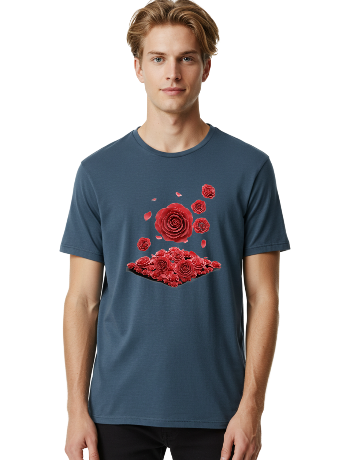 Red-Roses-1 Men'S Graphic Tee, 100% Cotton, Comfortable Casual Summer Wear, Machine Washable, Red Roses, Falling Flowers, Floral Arrangement, Rose Petals, Romantic Gesture, Love Symbol, Beautiful Blooms, Flower Power Bac365 24