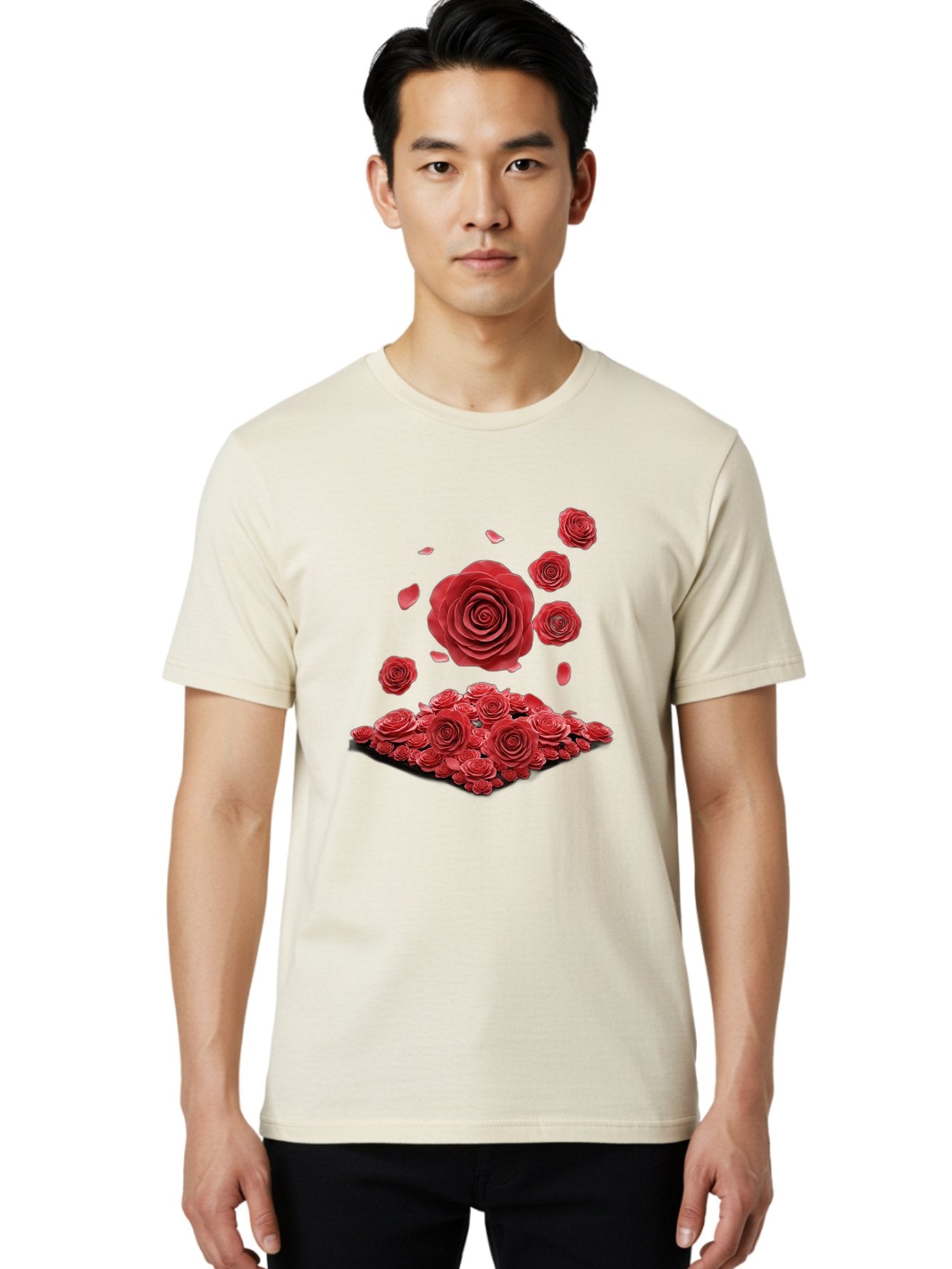 Red-Roses-1 Men'S Graphic Tee, 100% Cotton, Comfortable Casual Summer Wear, Machine Washable, Red Roses, Falling Flowers, Floral Arrangement, Rose Petals, Romantic Gesture, Love Symbol, Beautiful Blooms, Flower Power Bac365 26