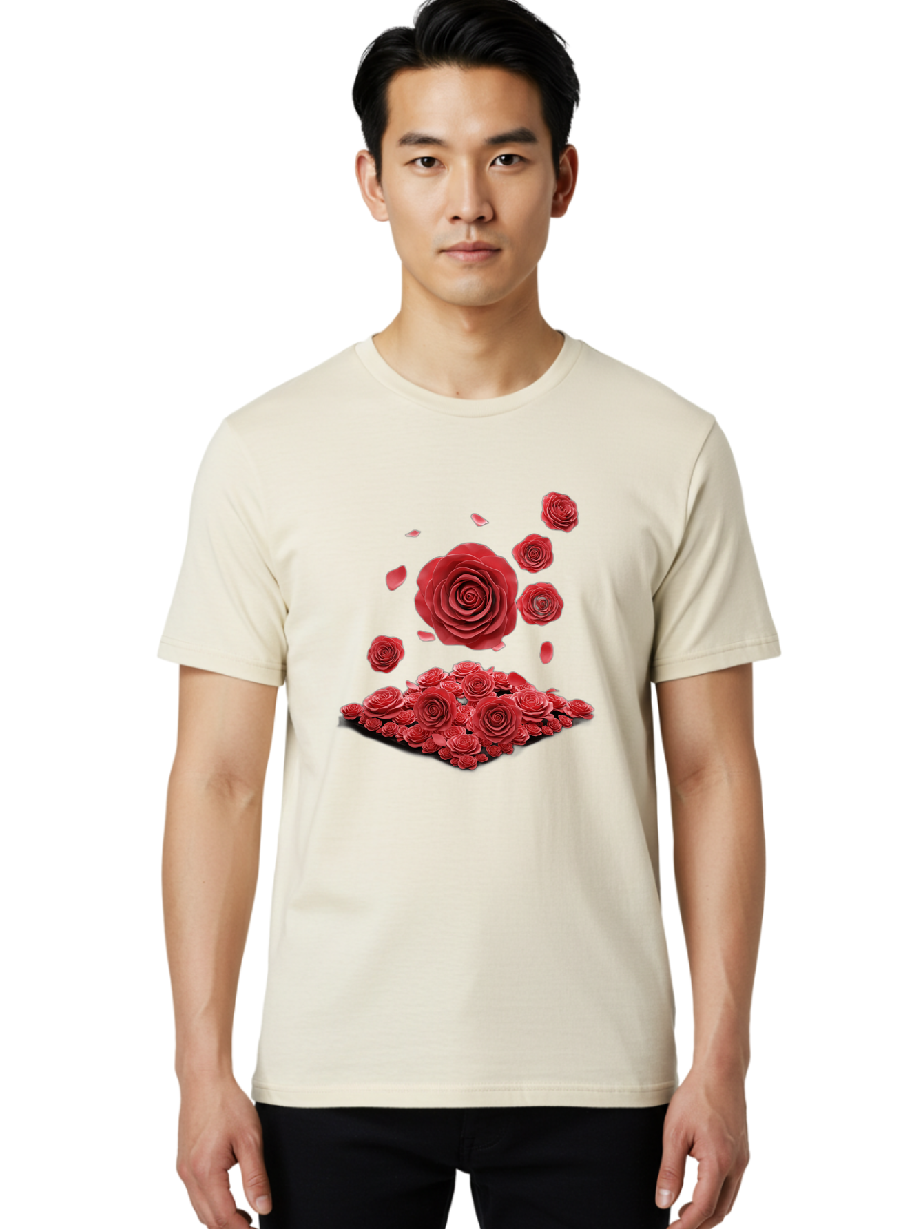 Red-Roses-1 Men'S Graphic Tee, 100% Cotton, Comfortable Casual Summer Wear, Machine Washable, Red Roses, Falling Flowers, Floral Arrangement, Rose Petals, Romantic Gesture, Love Symbol, Beautiful Blooms, Flower Power Bac365 20