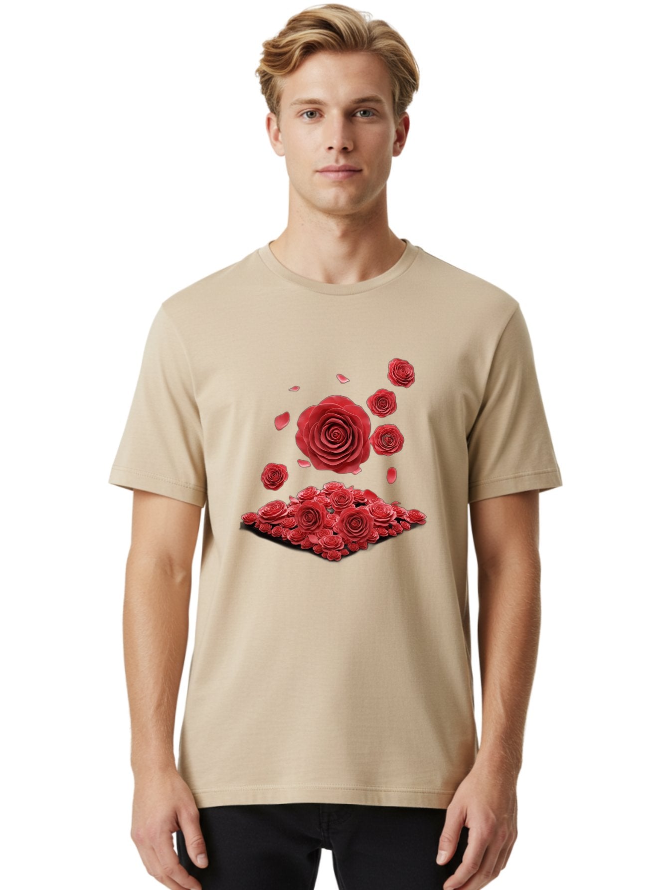 Red-Roses-1 Men'S Graphic Tee, 100% Cotton, Comfortable Casual Summer Wear, Machine Washable, Red Roses, Falling Flowers, Floral Arrangement, Rose Petals, Romantic Gesture, Love Symbol, Beautiful Blooms, Flower Power Bac365 19