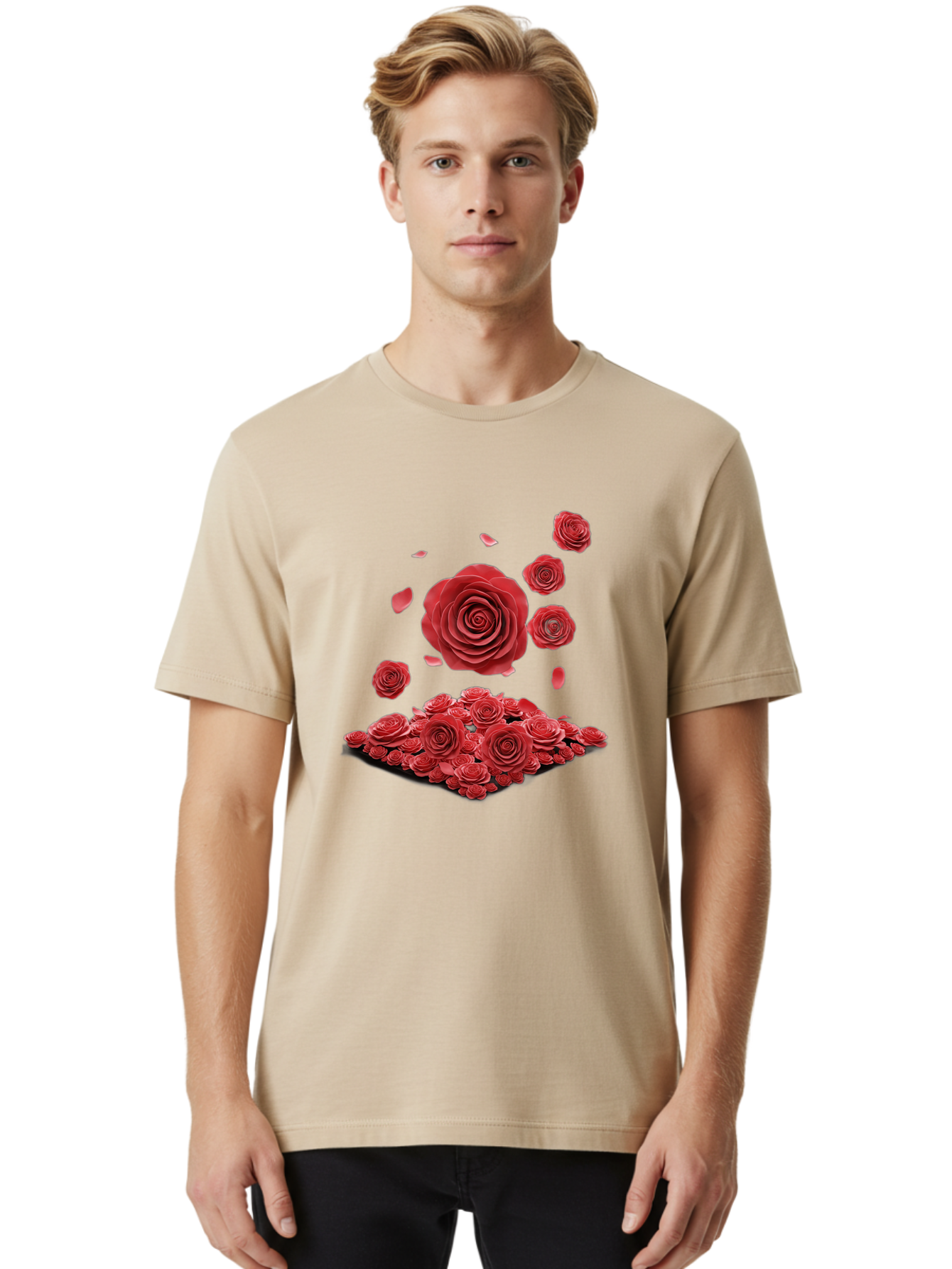 Red-Roses-1 Men'S Graphic Tee, 100% Cotton, Comfortable Casual Summer Wear, Machine Washable, Red Roses, Falling Flowers, Floral Arrangement, Rose Petals, Romantic Gesture, Love Symbol, Beautiful Blooms, Flower Power Bac365 26
