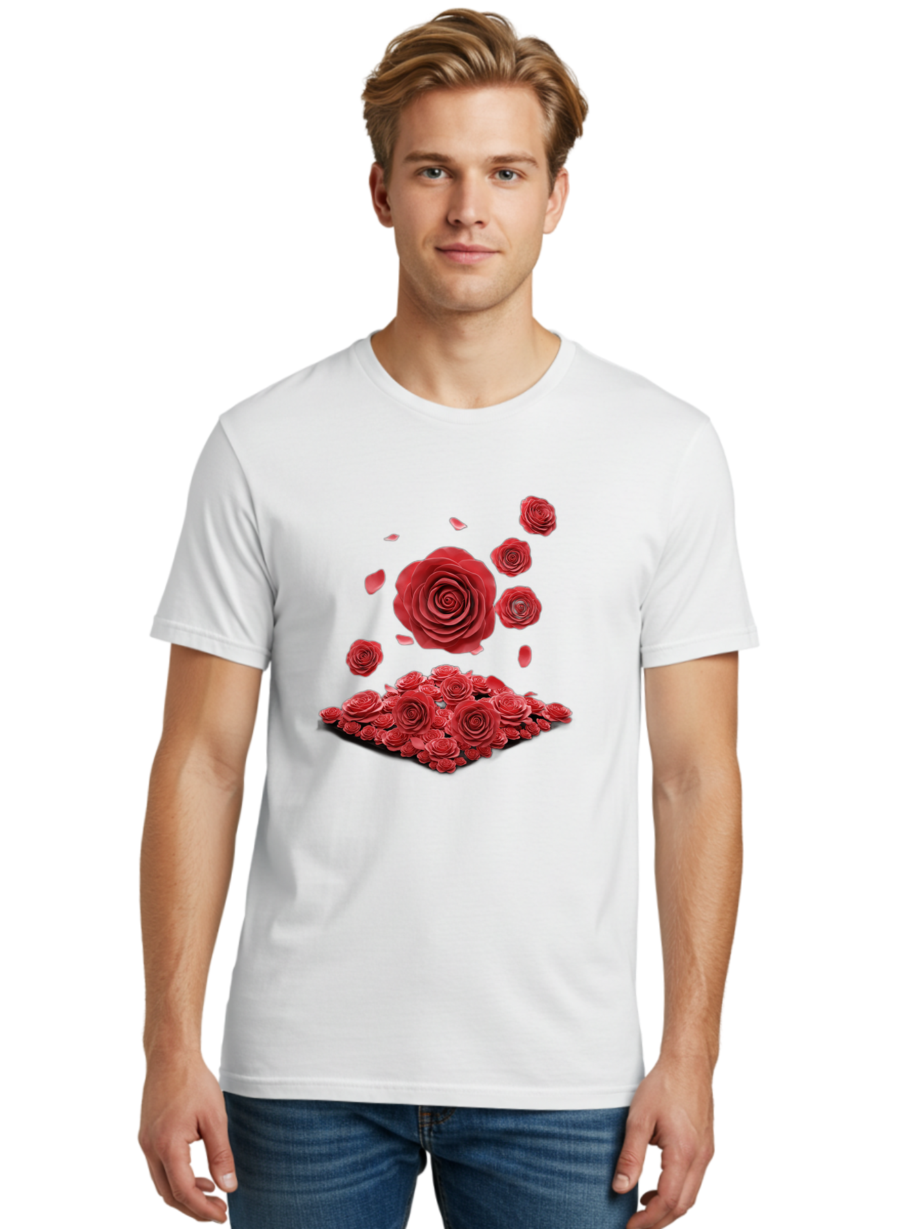 Red-Roses-1 Men'S Graphic Tee, 100% Cotton, Comfortable Casual Summer Wear, Machine Washable, Red Roses, Falling Flowers, Floral Arrangement, Rose Petals, Romantic Gesture, Love Symbol, Beautiful Blooms, Flower Power Bac365 16
