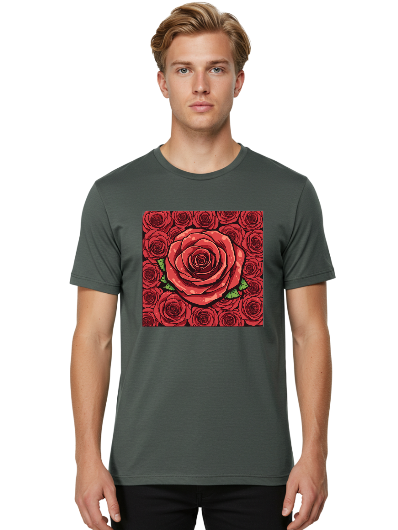 Red-Roses Men'S Graphic Tee, 100% Cotton, Comfortable Casual Summer Wear, Machine Washable, Red Roses, Floral Pattern, Love Symbol, Romance, Beauty, Flowers, Vibrant Petals, Green Leaves, Pop Art Design, Bold Graphics Bac366 27