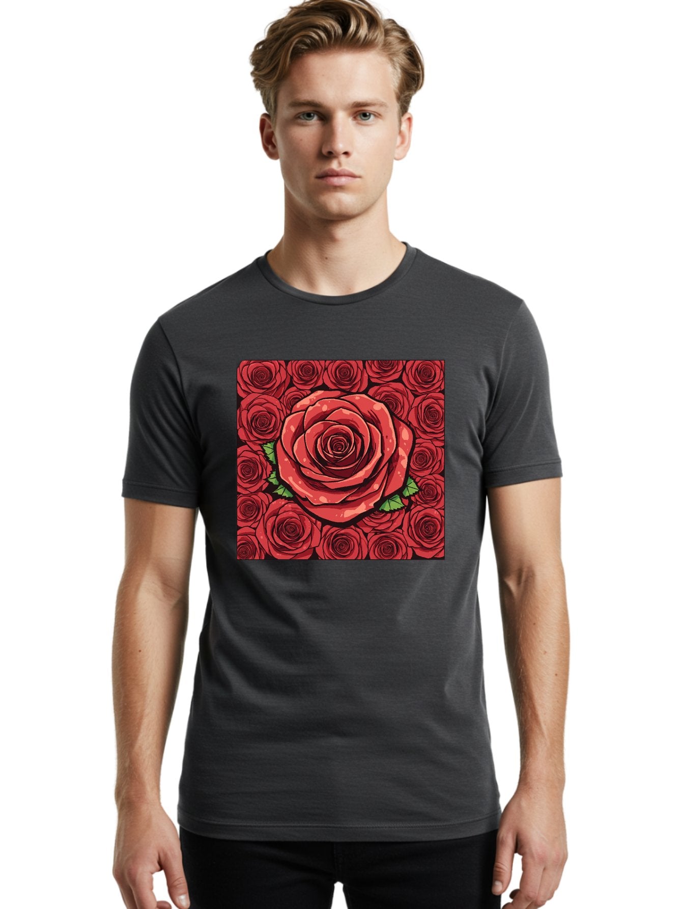 Red-Roses Men'S Graphic Tee, 100% Cotton, Comfortable Casual Summer Wear, Machine Washable, Red Roses, Floral Pattern, Love Symbol, Romance, Beauty, Flowers, Vibrant Petals, Green Leaves, Pop Art Design, Bold Graphics Bac366 24