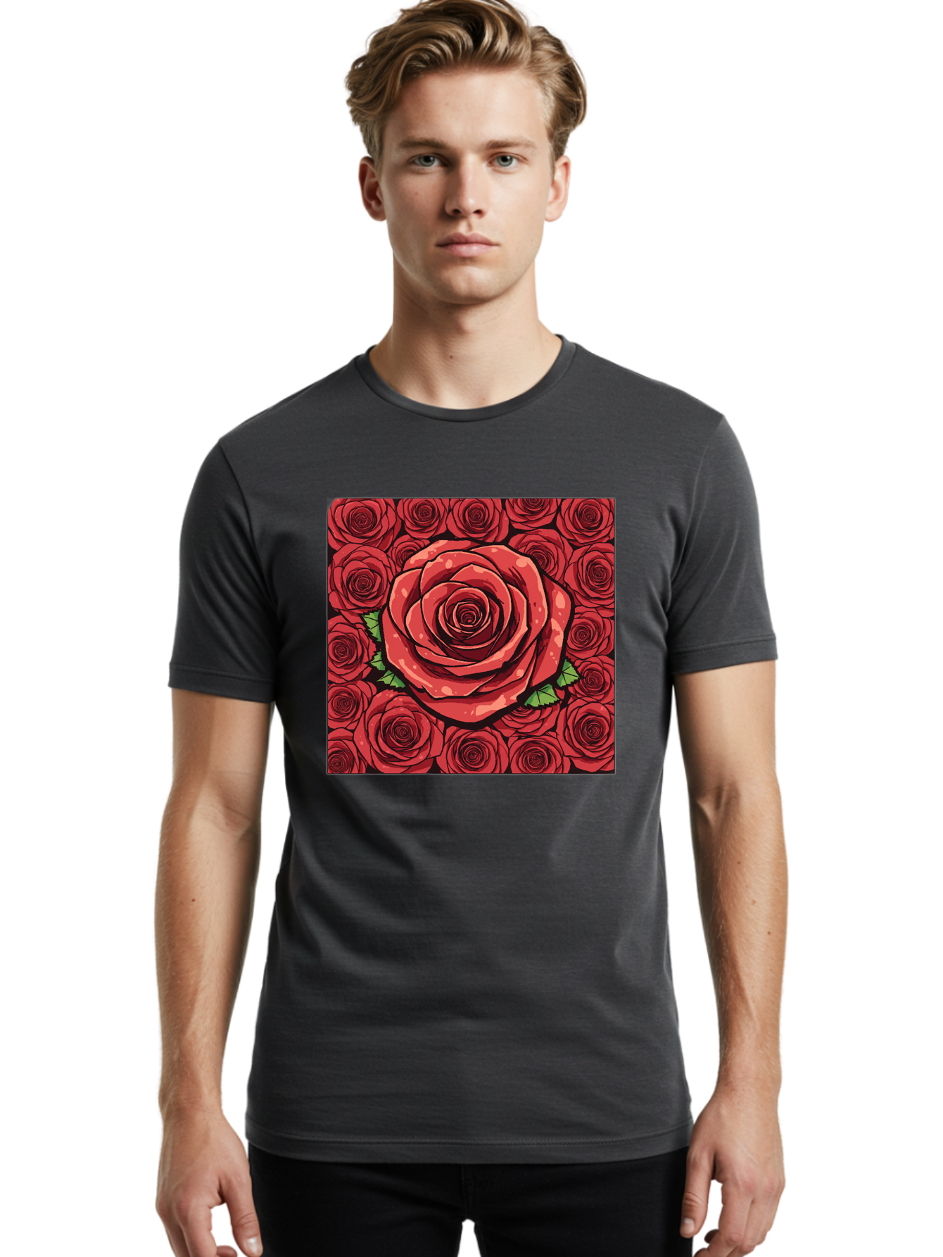 Red-Roses Men'S Graphic Tee, 100% Cotton, Comfortable Casual Summer Wear, Machine Washable, Red Roses, Floral Pattern, Love Symbol, Romance, Beauty, Flowers, Vibrant Petals, Green Leaves, Pop Art Design, Bold Graphics Bac366 22