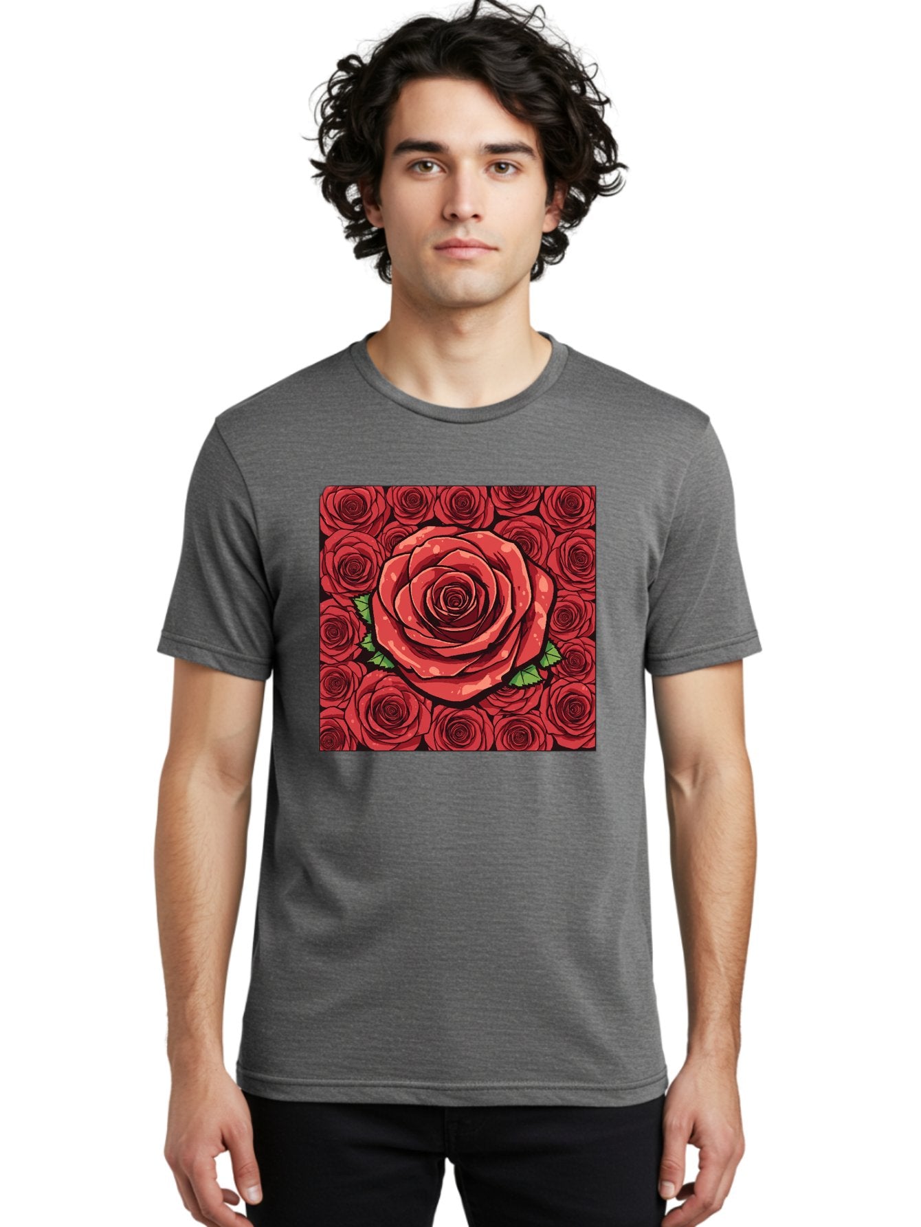 Red-Roses Men'S Graphic Tee, 100% Cotton, Comfortable Casual Summer Wear, Machine Washable, Red Roses, Floral Pattern, Love Symbol, Romance, Beauty, Flowers, Vibrant Petals, Green Leaves, Pop Art Design, Bold Graphics Bac366 28