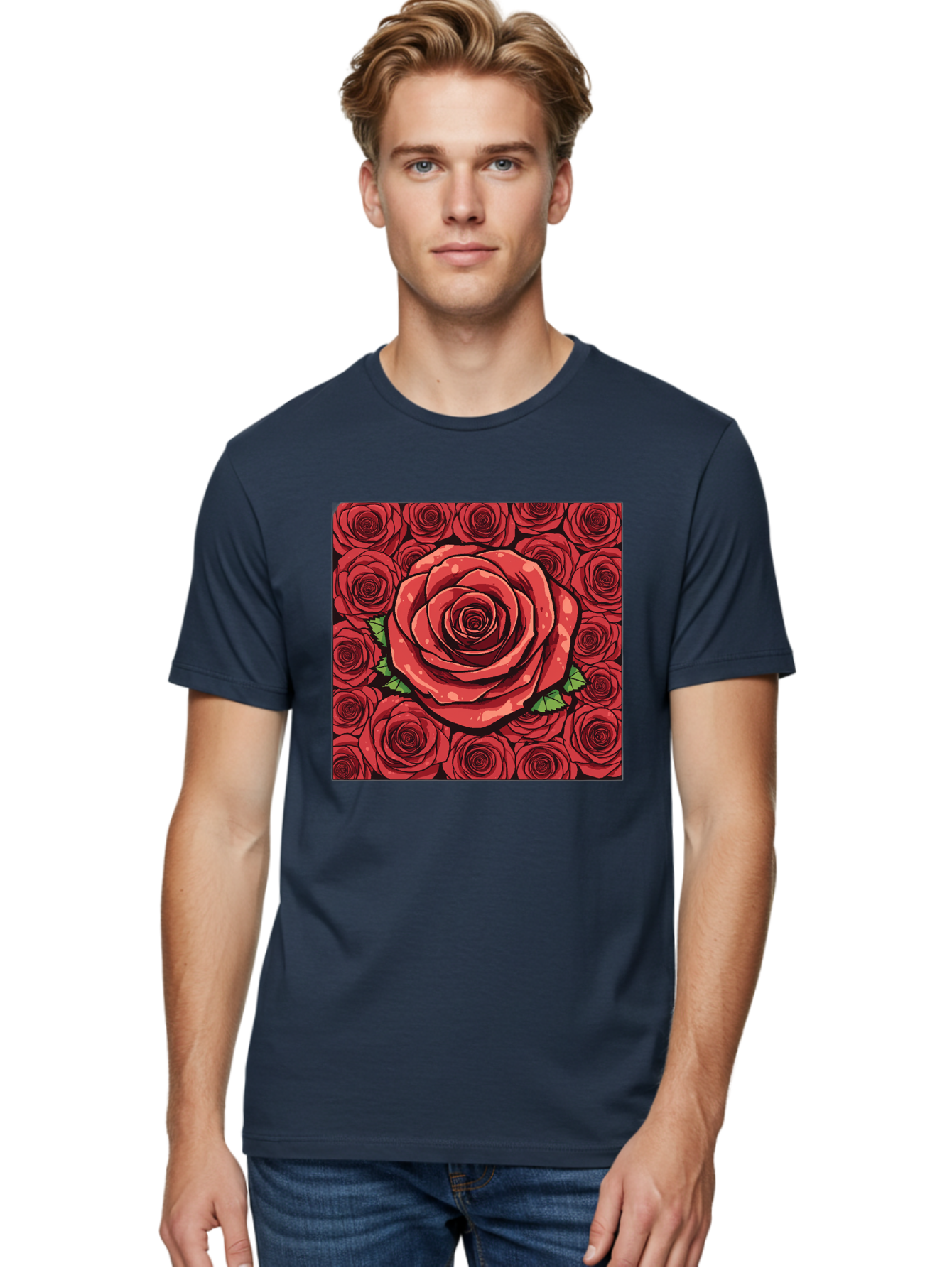 Red-Roses Men'S Graphic Tee, 100% Cotton, Comfortable Casual Summer Wear, Machine Washable, Red Roses, Floral Pattern, Love Symbol, Romance, Beauty, Flowers, Vibrant Petals, Green Leaves, Pop Art Design, Bold Graphics Bac366 25