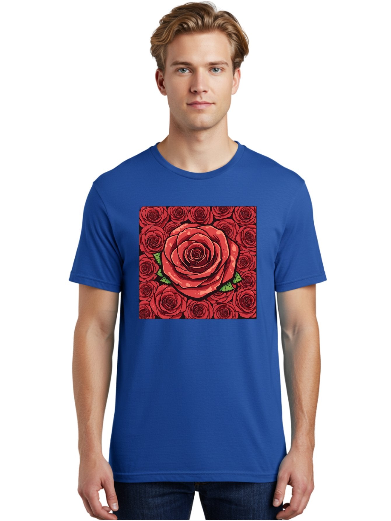 Red-Roses Men'S Graphic Tee, 100% Cotton, Comfortable Casual Summer Wear, Machine Washable, Red Roses, Floral Pattern, Love Symbol, Romance, Beauty, Flowers, Vibrant Petals, Green Leaves, Pop Art Design, Bold Graphics Bac366 23