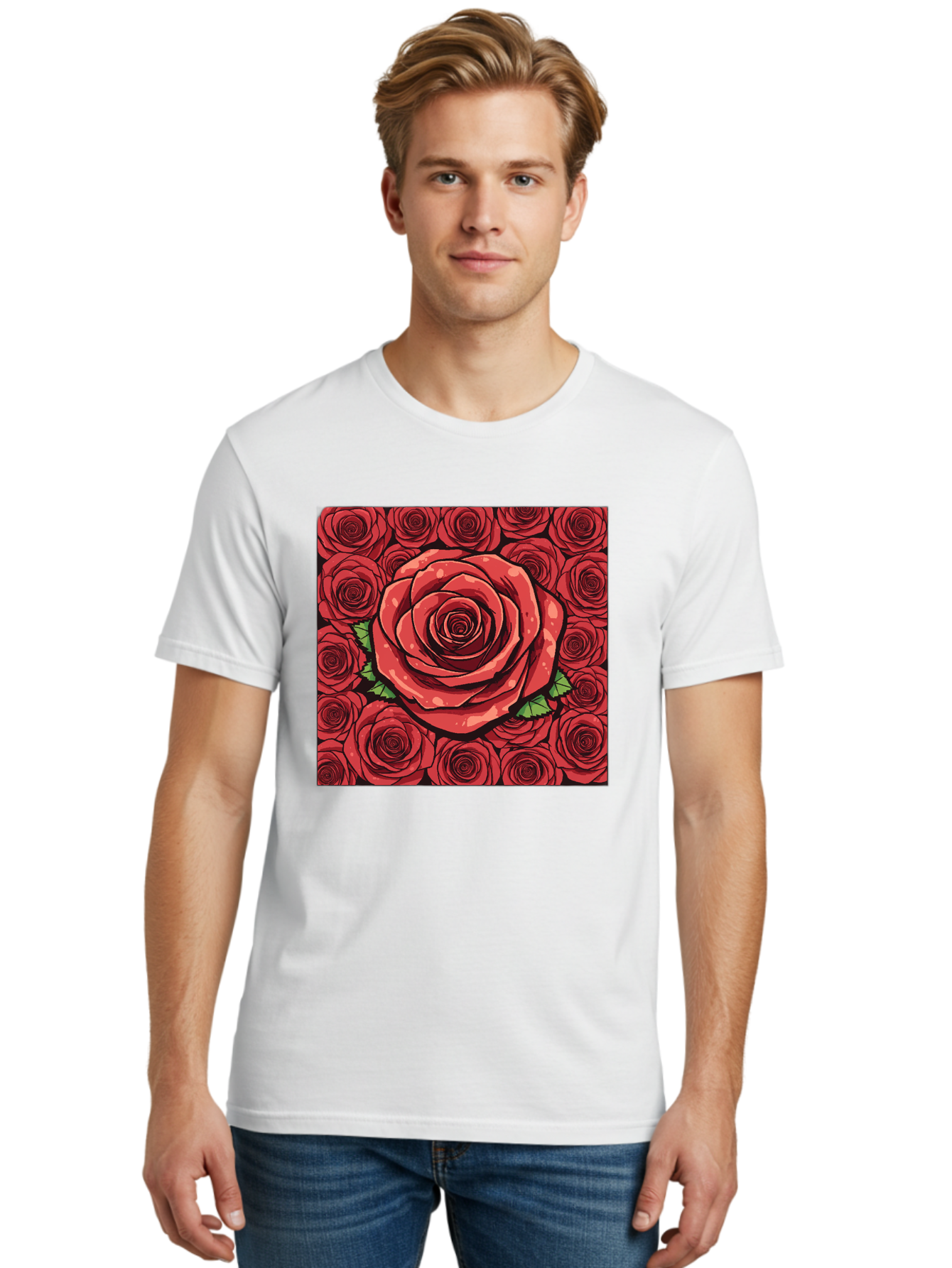 Red-Roses Men'S Graphic Tee, 100% Cotton, Comfortable Casual Summer Wear, Machine Washable, Red Roses, Floral Pattern, Love Symbol, Romance, Beauty, Flowers, Vibrant Petals, Green Leaves, Pop Art Design, Bold Graphics Bac366 17